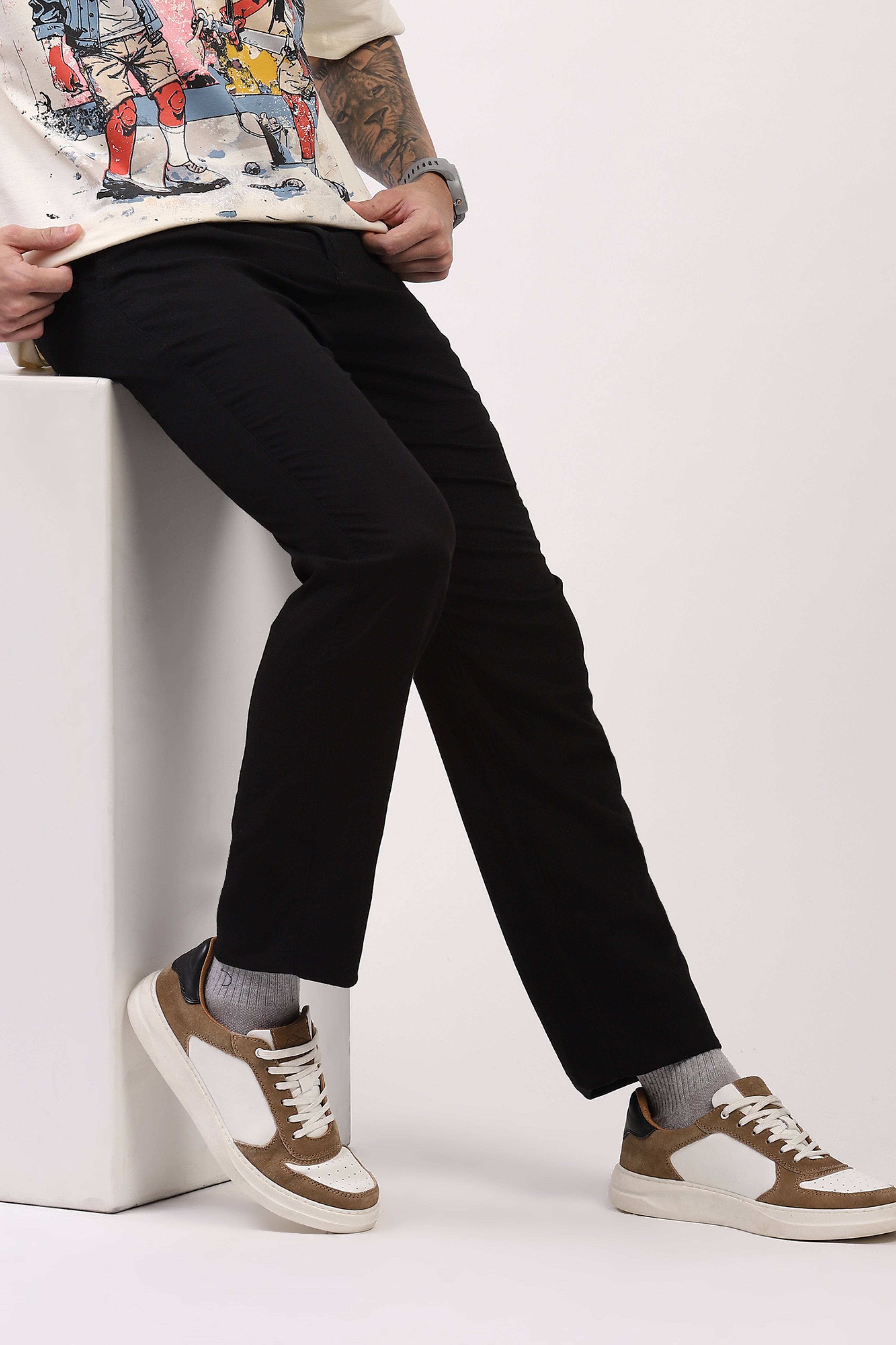 Black Cotton Straight Fit Trouser