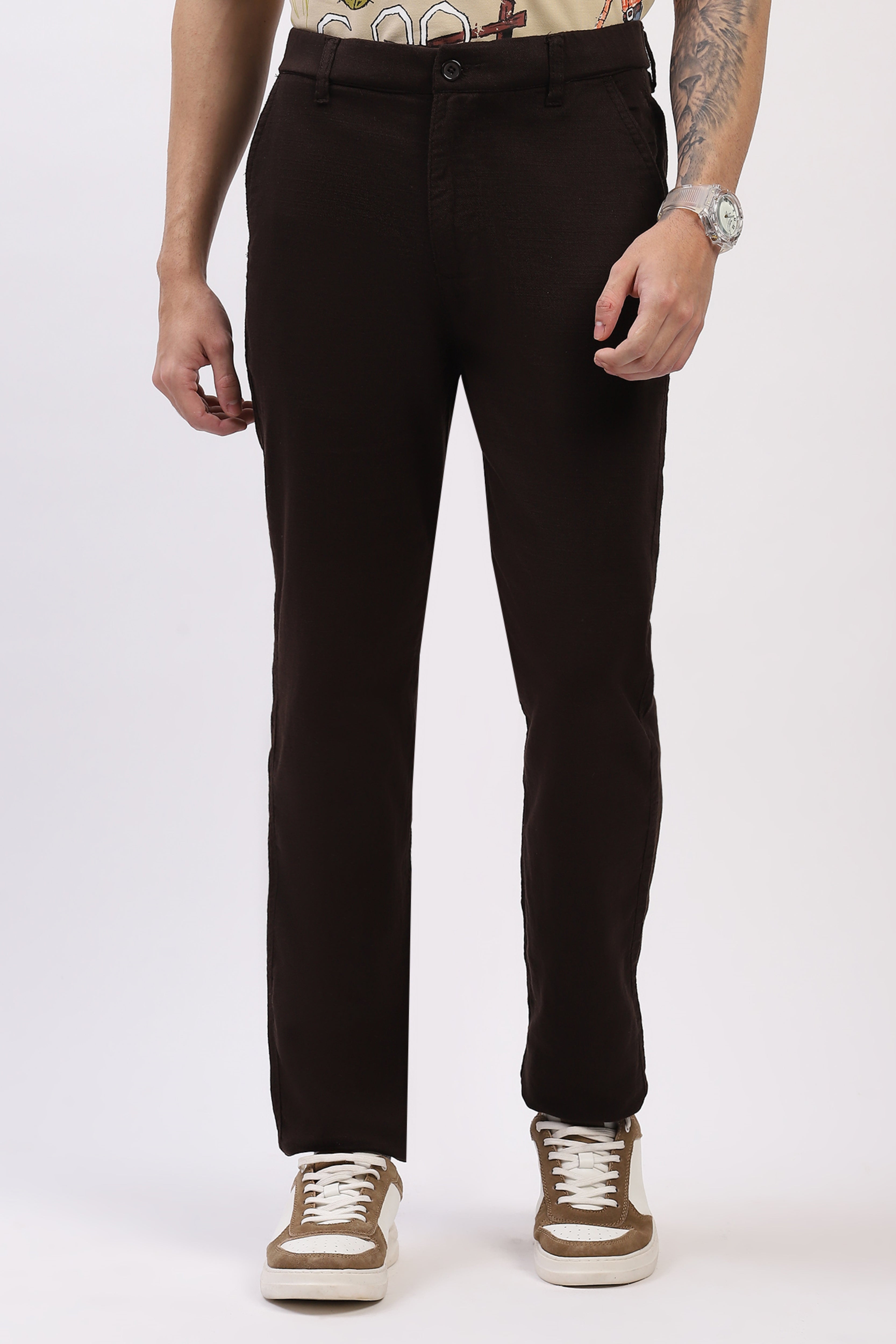 Coffee Brown Cotton Straight Fit Trouser