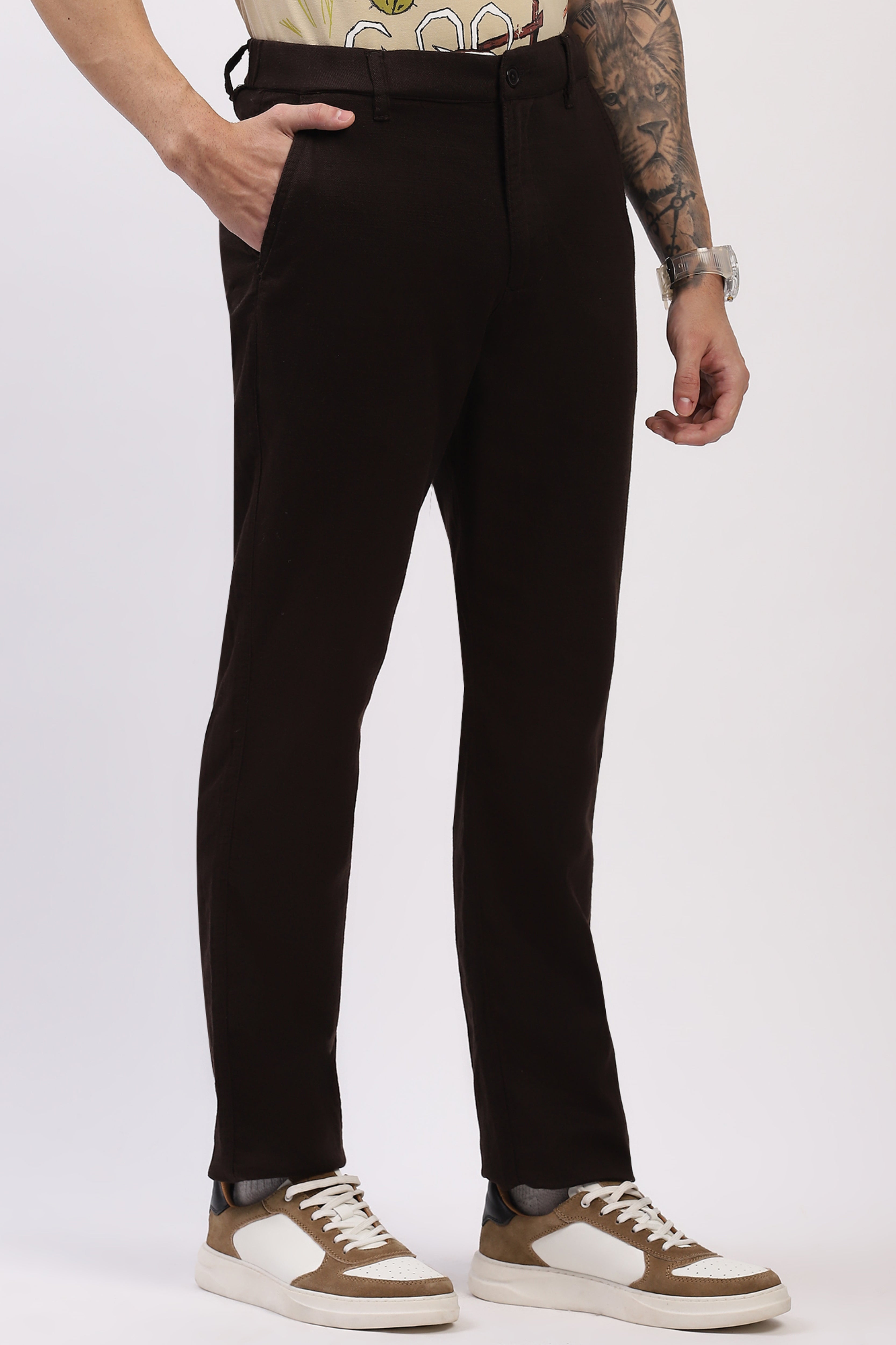 Coffee Brown Cotton Straight Fit Trouser
