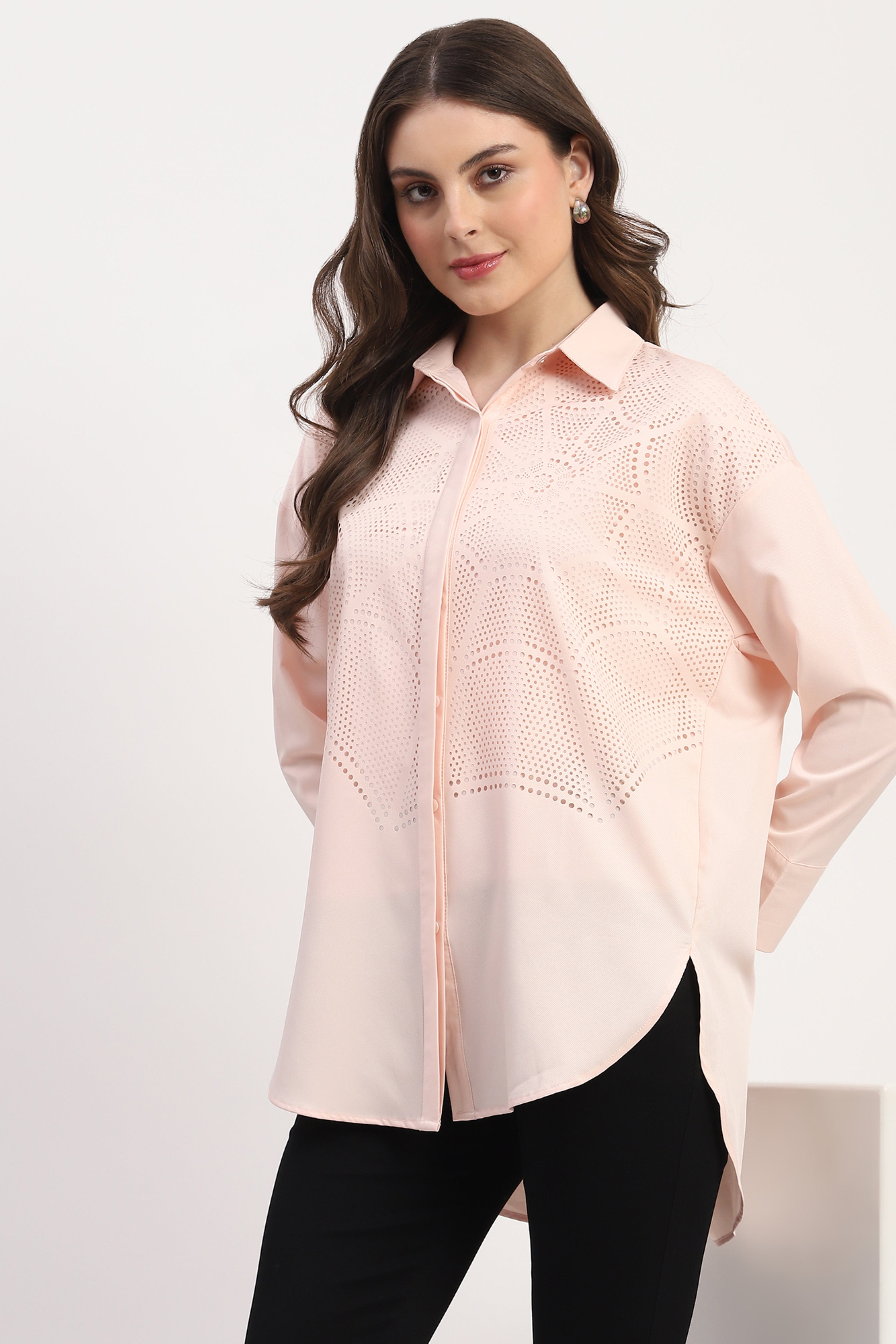 Pink Polyester Cut work Solid Shirt