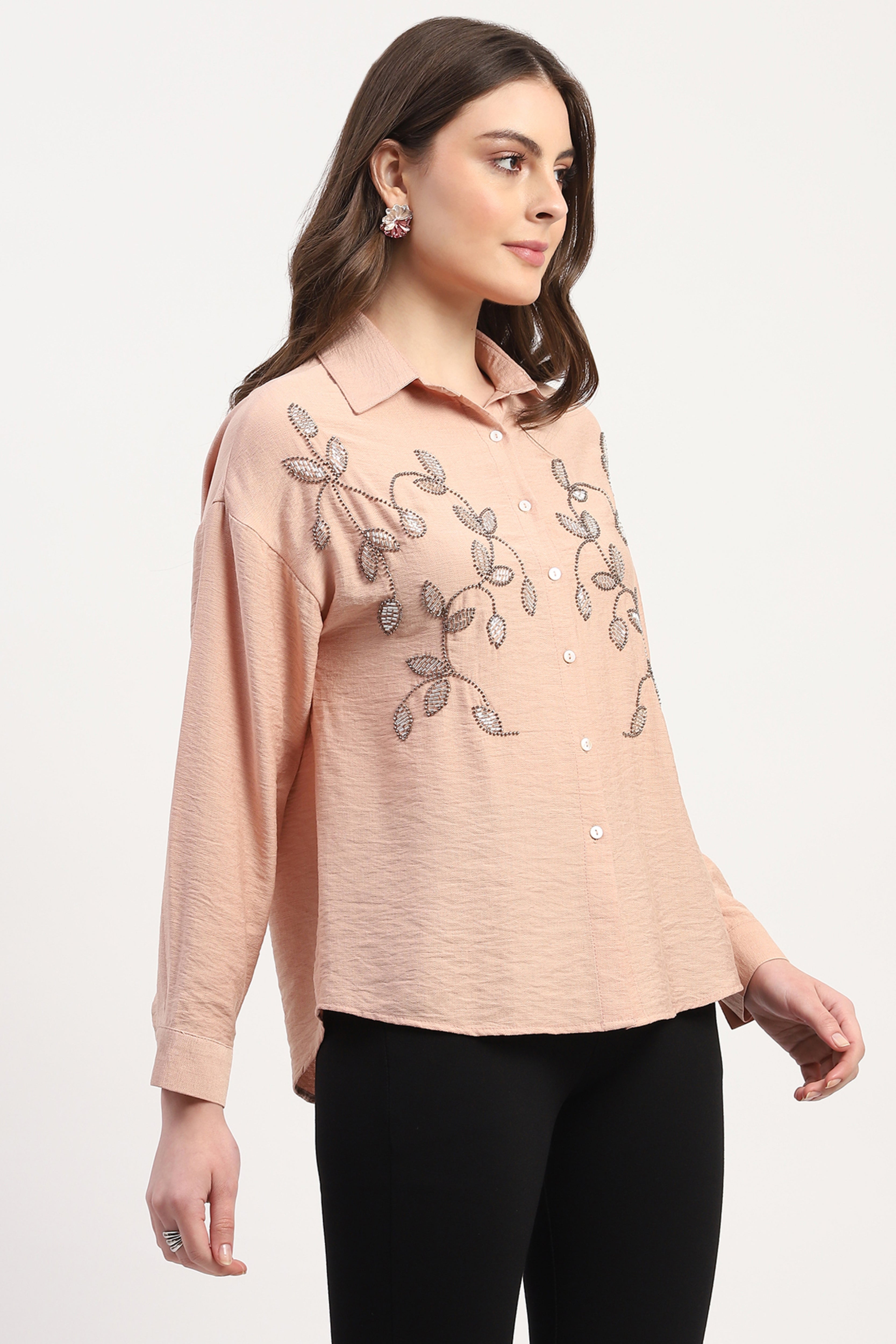 Pink Viscose Blend Embellished Shirt