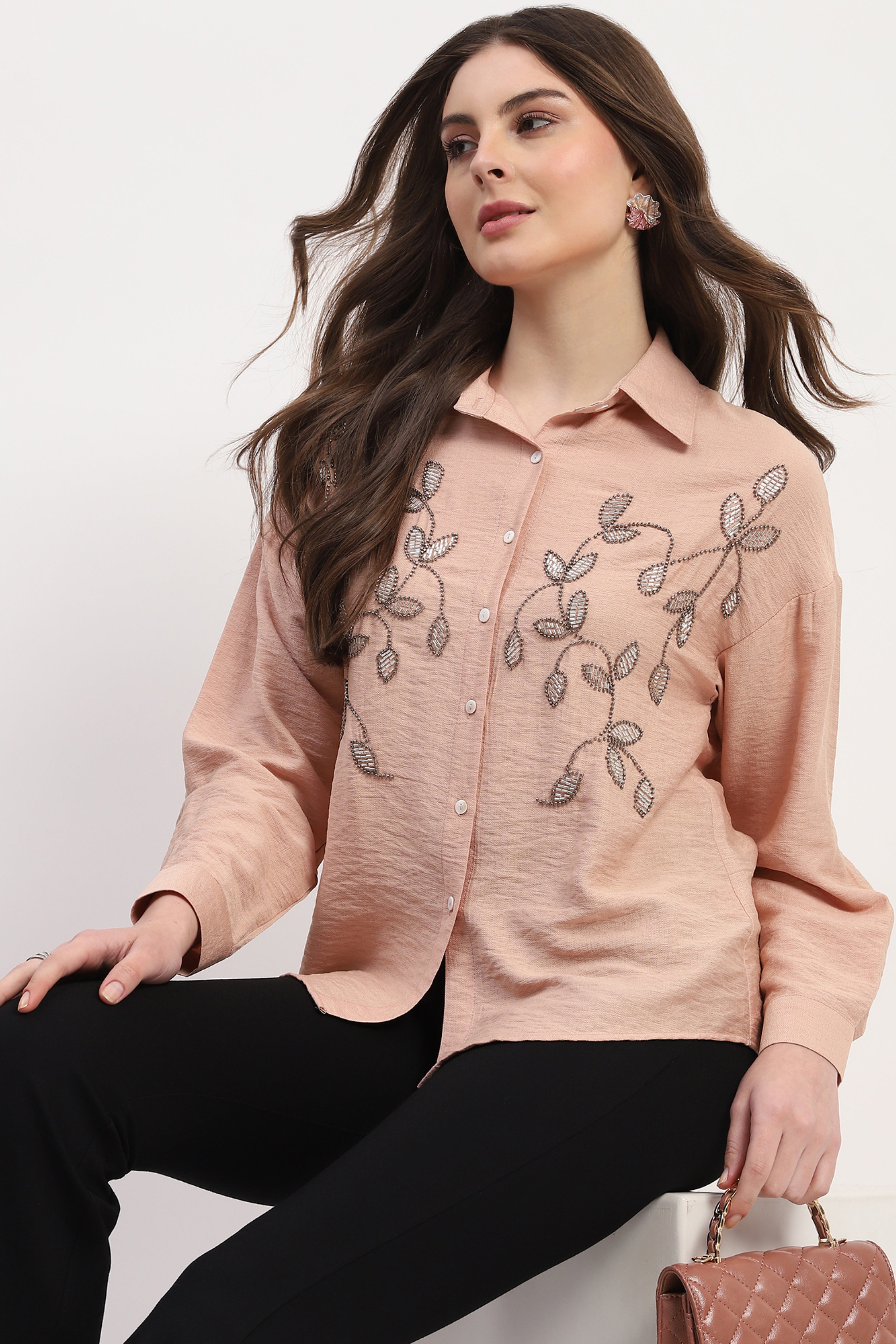 Pink Viscose Blend Embellished Shirt