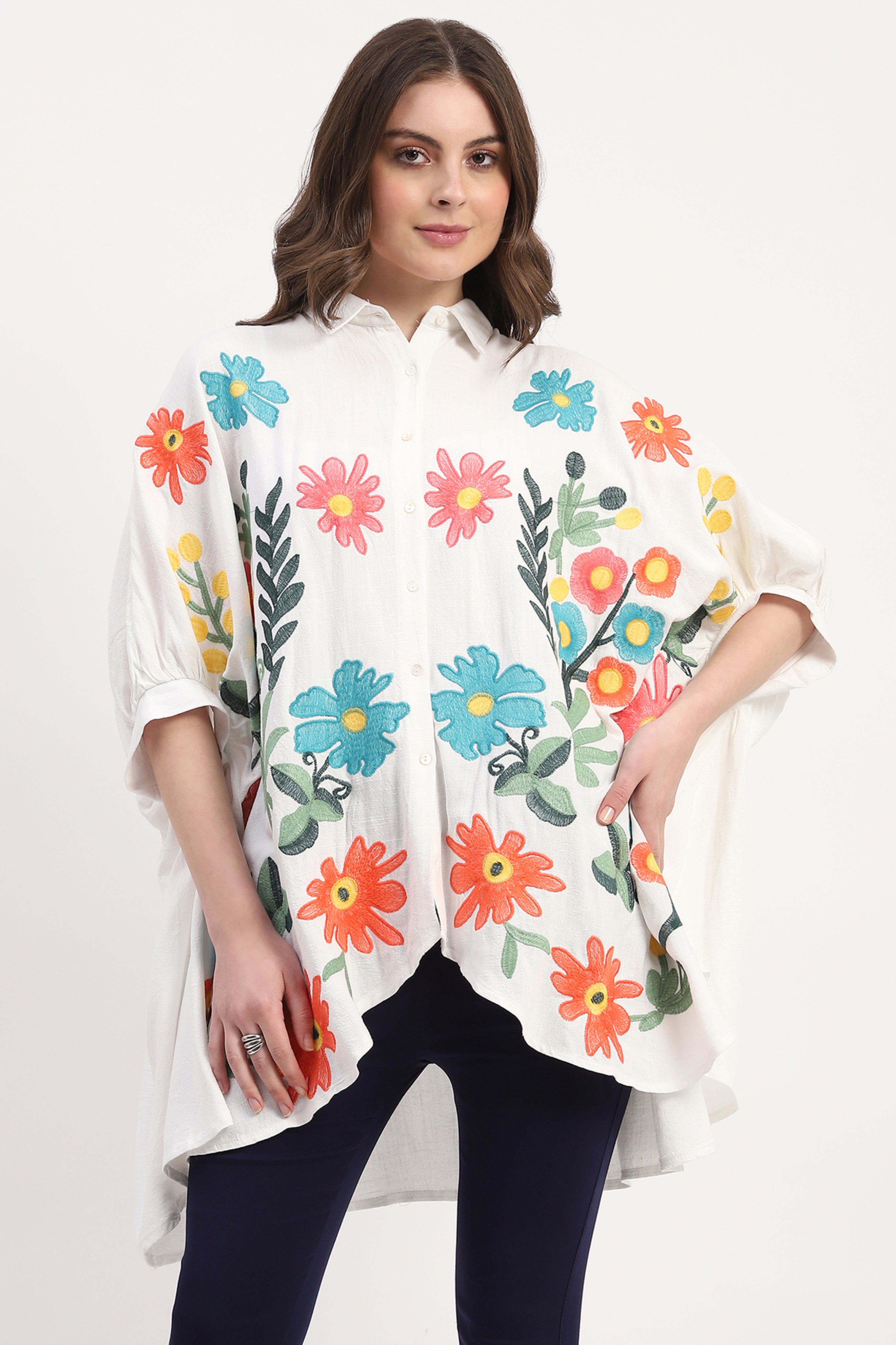 White Cotton Floral Embroidery Tunic