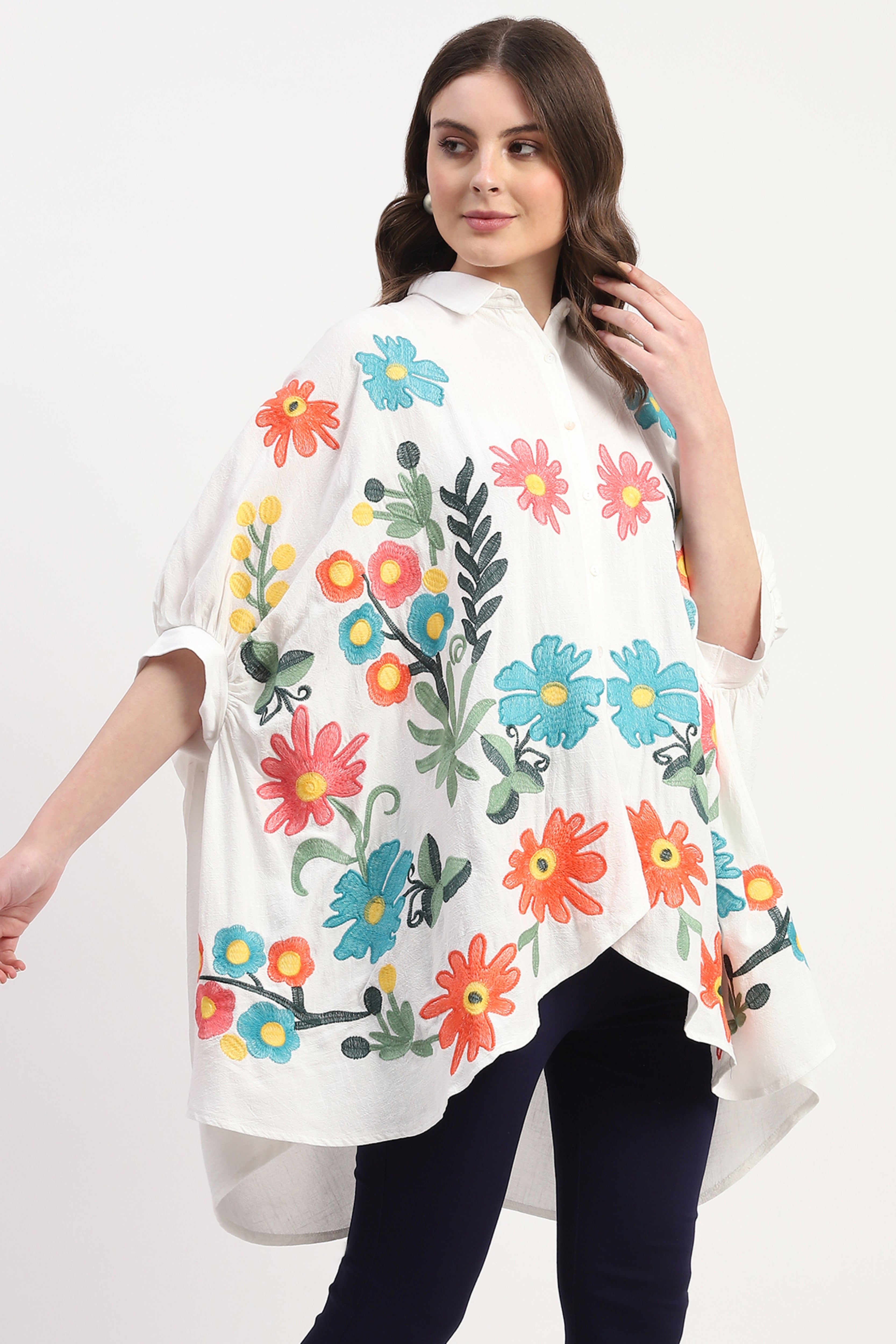 White Cotton Floral Embroidery Tunic