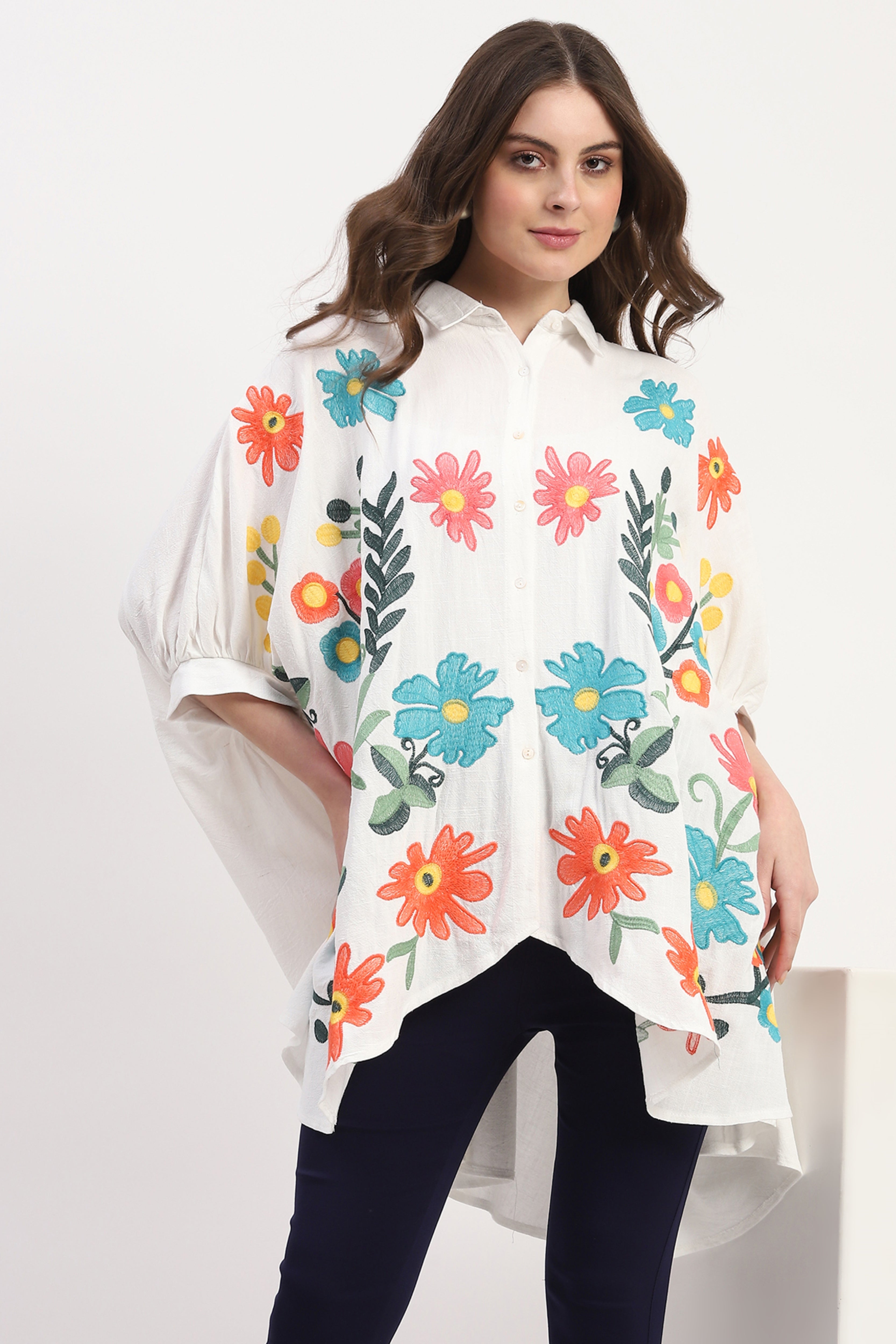 White Cotton Floral Embroidery Tunic