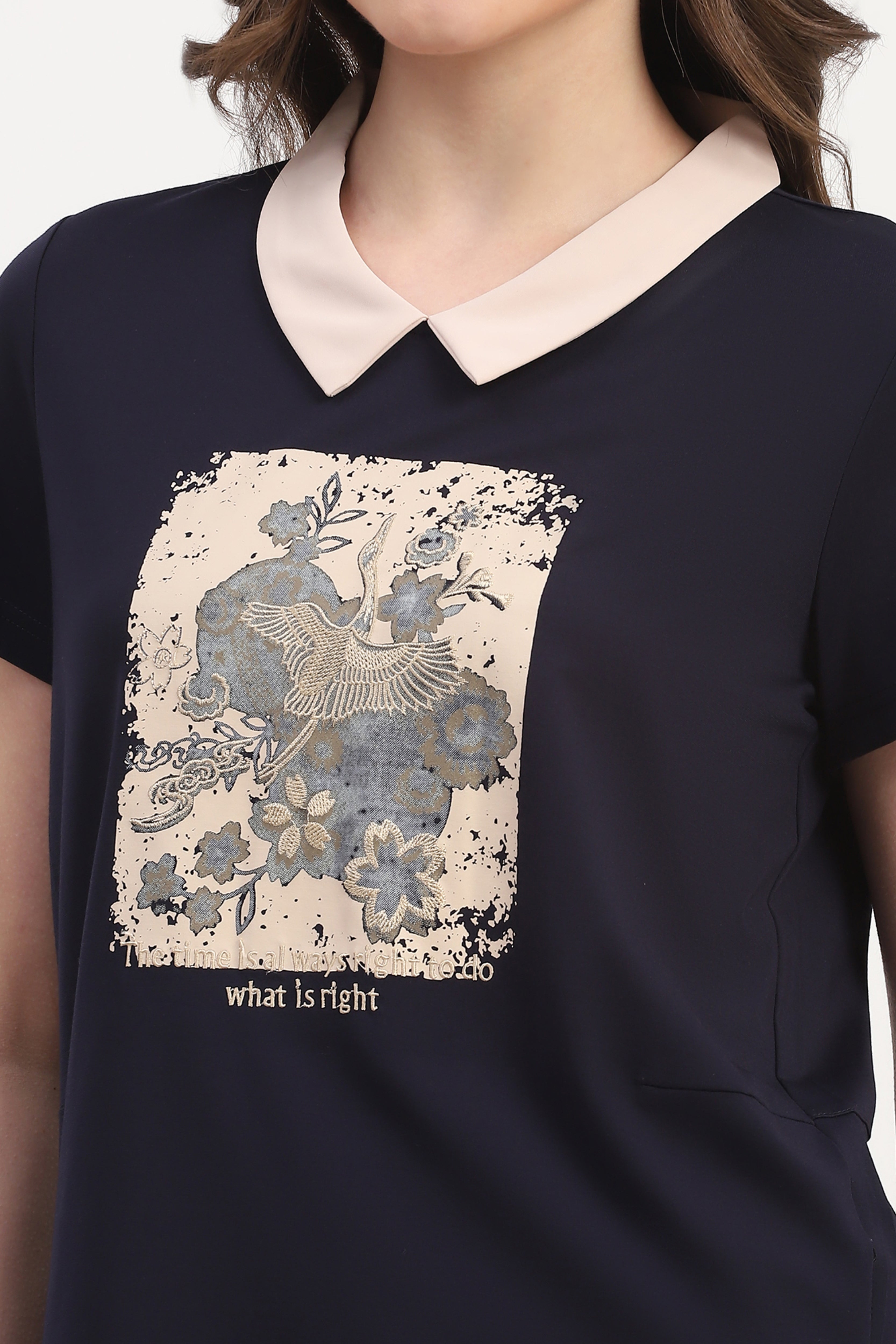 Navy Viscose Blend Graphic Print Top