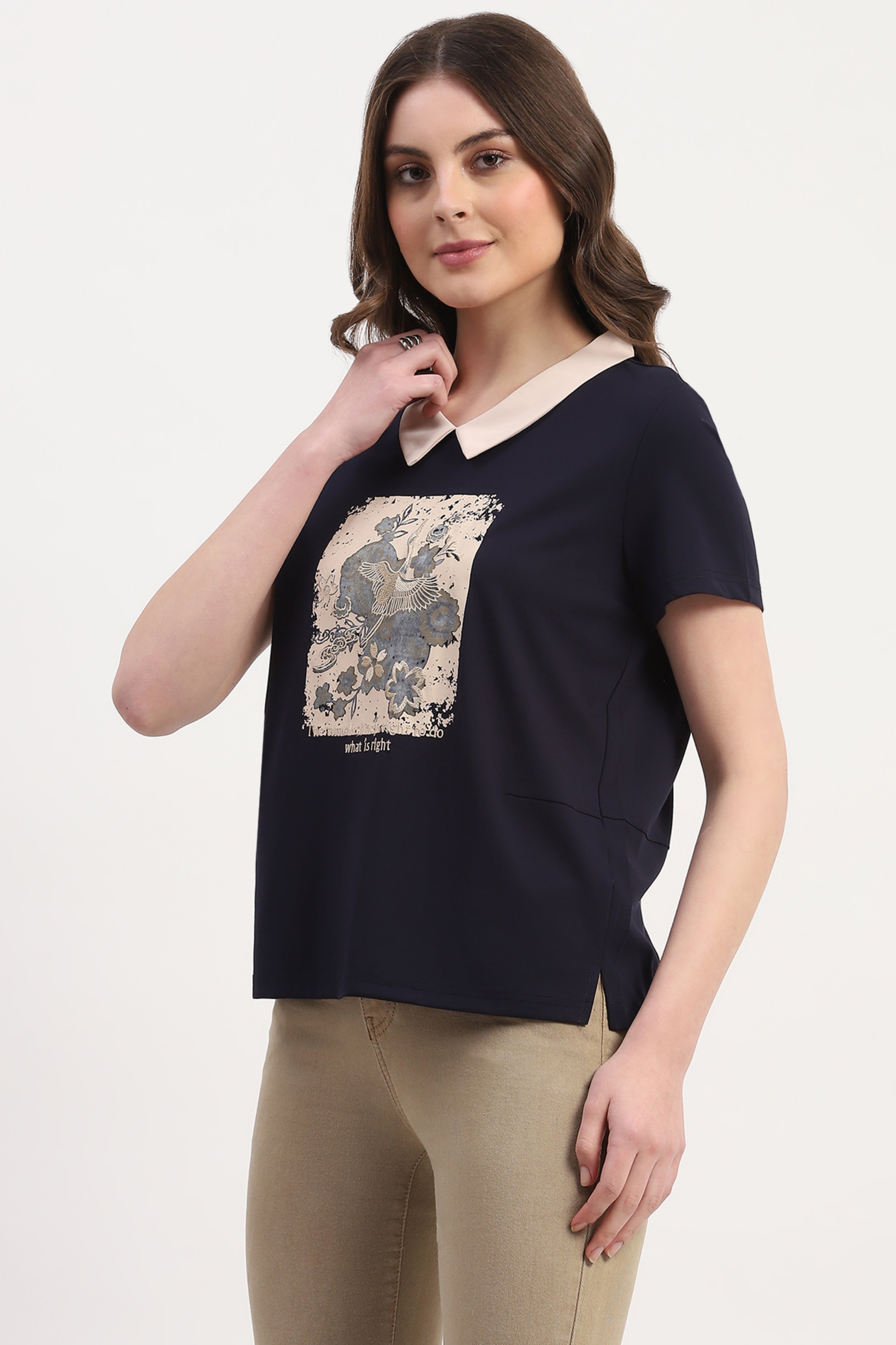 Navy Viscose Blend Graphic Print Top