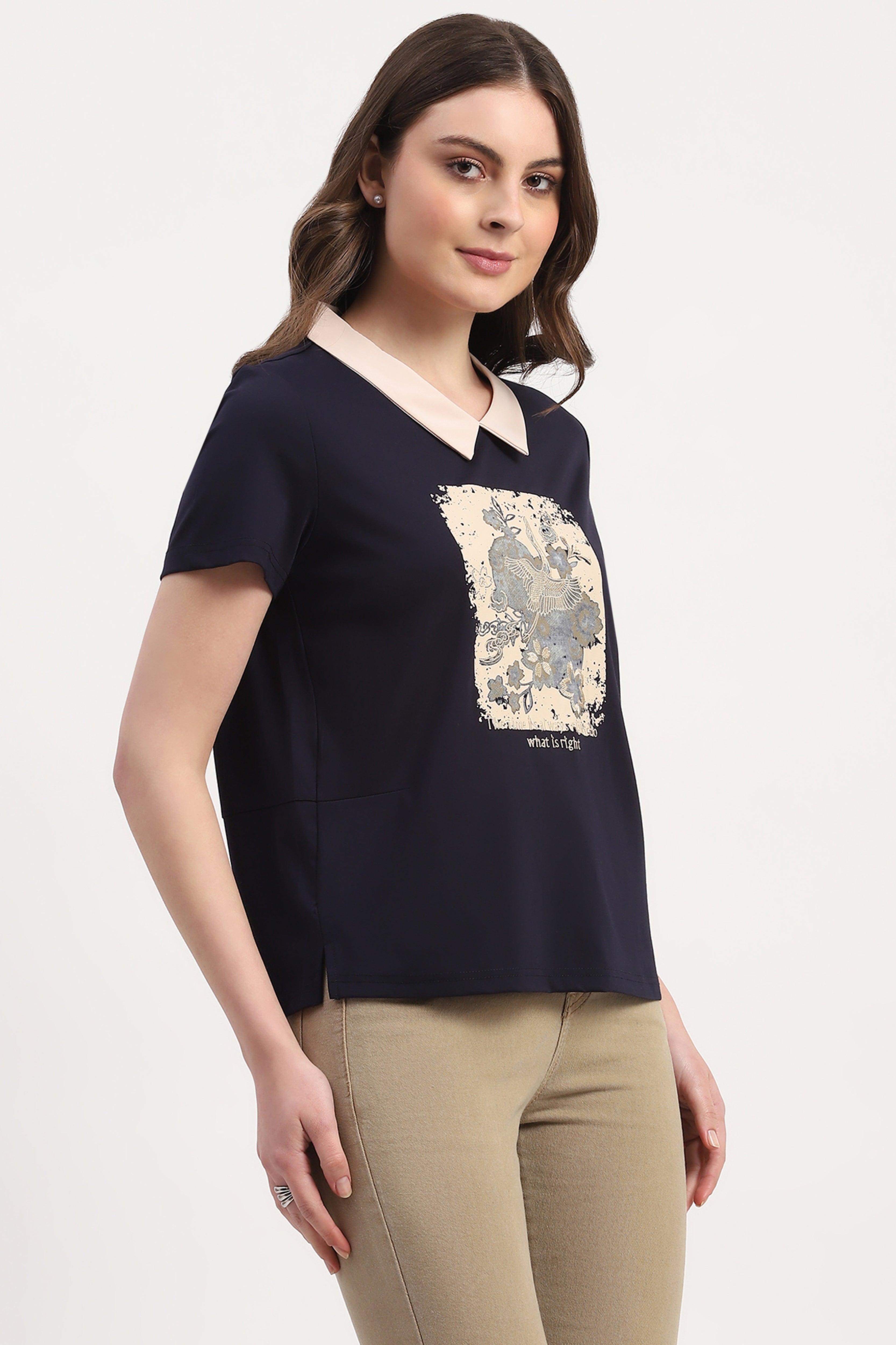 Navy Viscose Blend Graphic Print Top