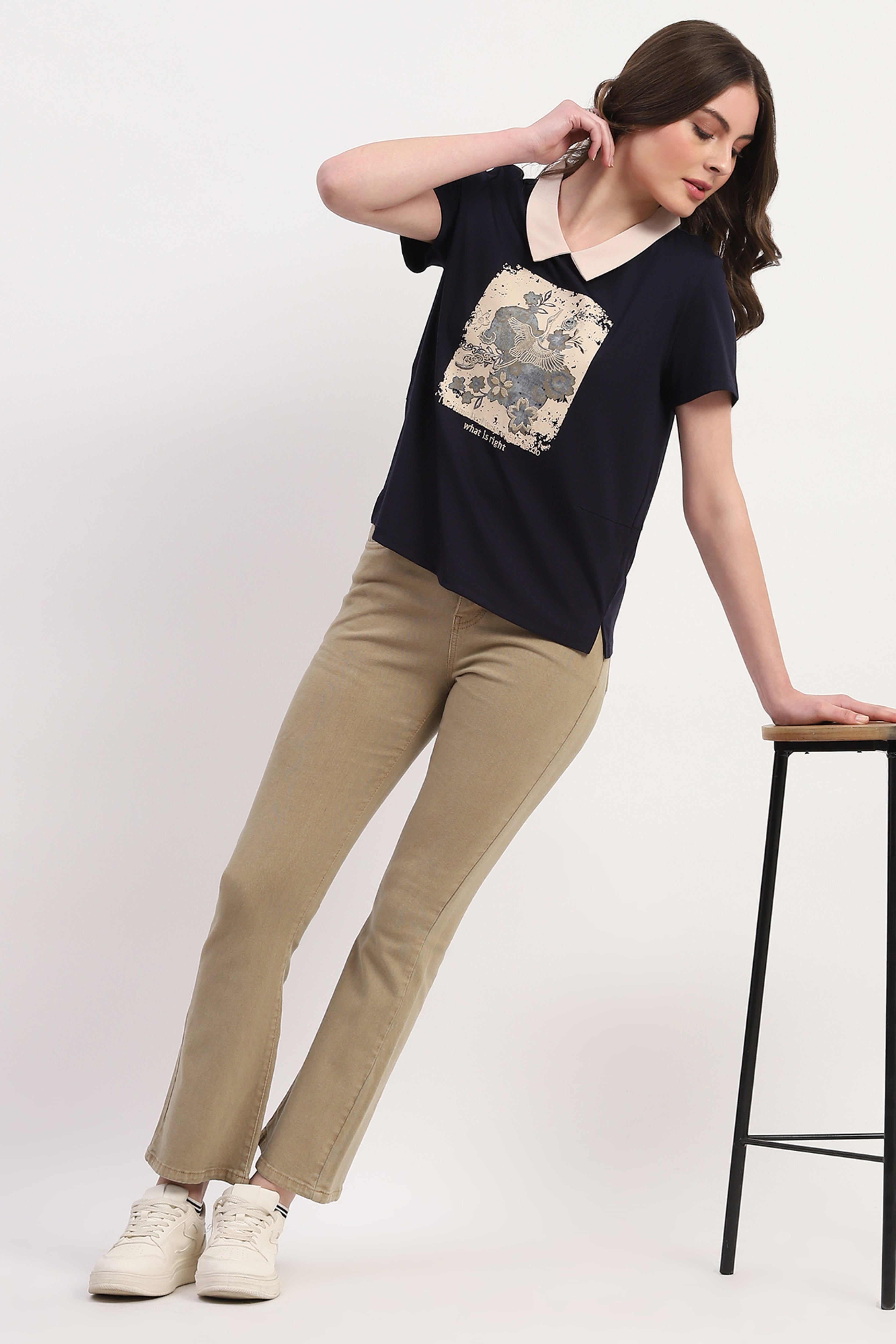 Navy Viscose Blend Graphic Print Top