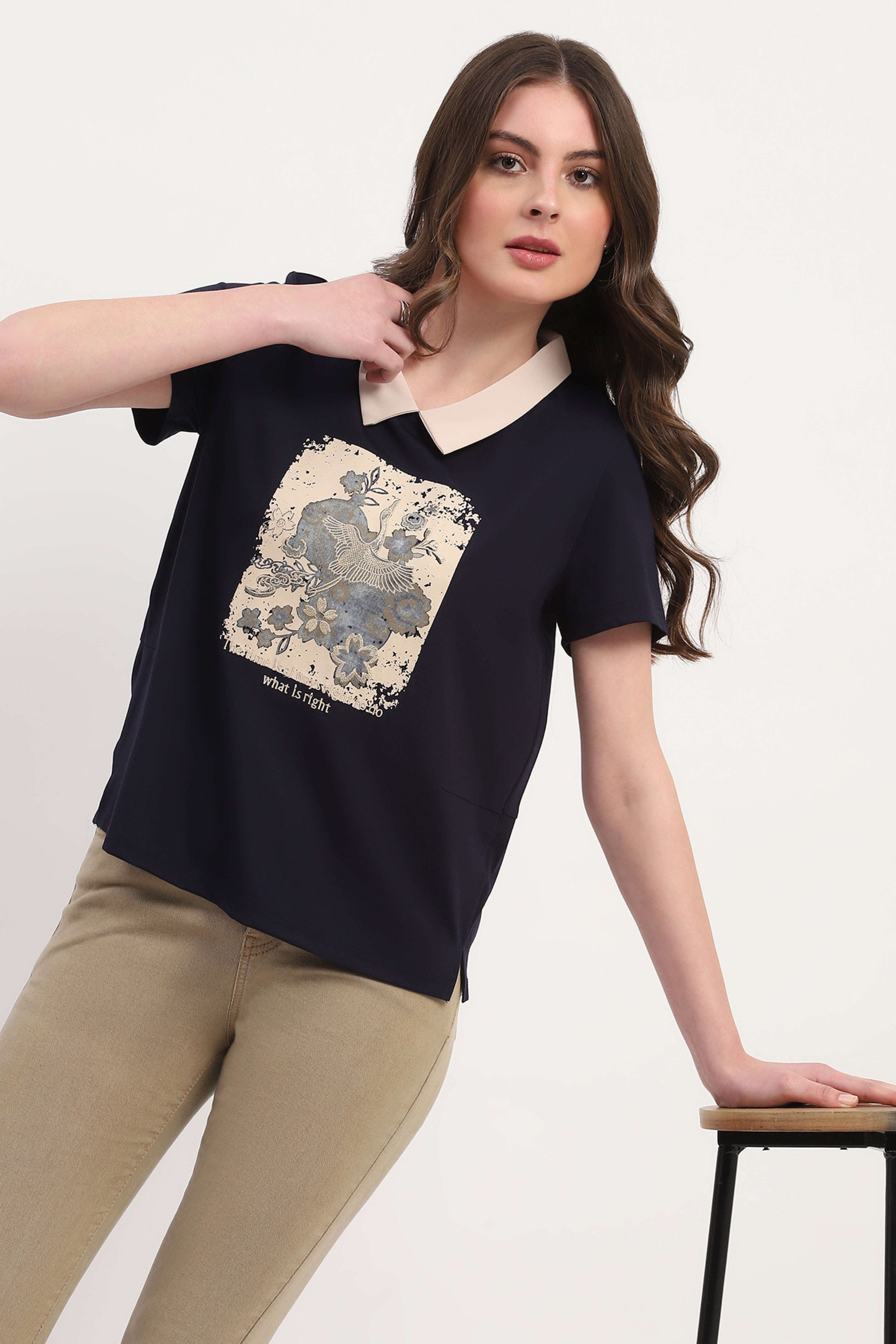 Navy Viscose Blend Graphic Print Top