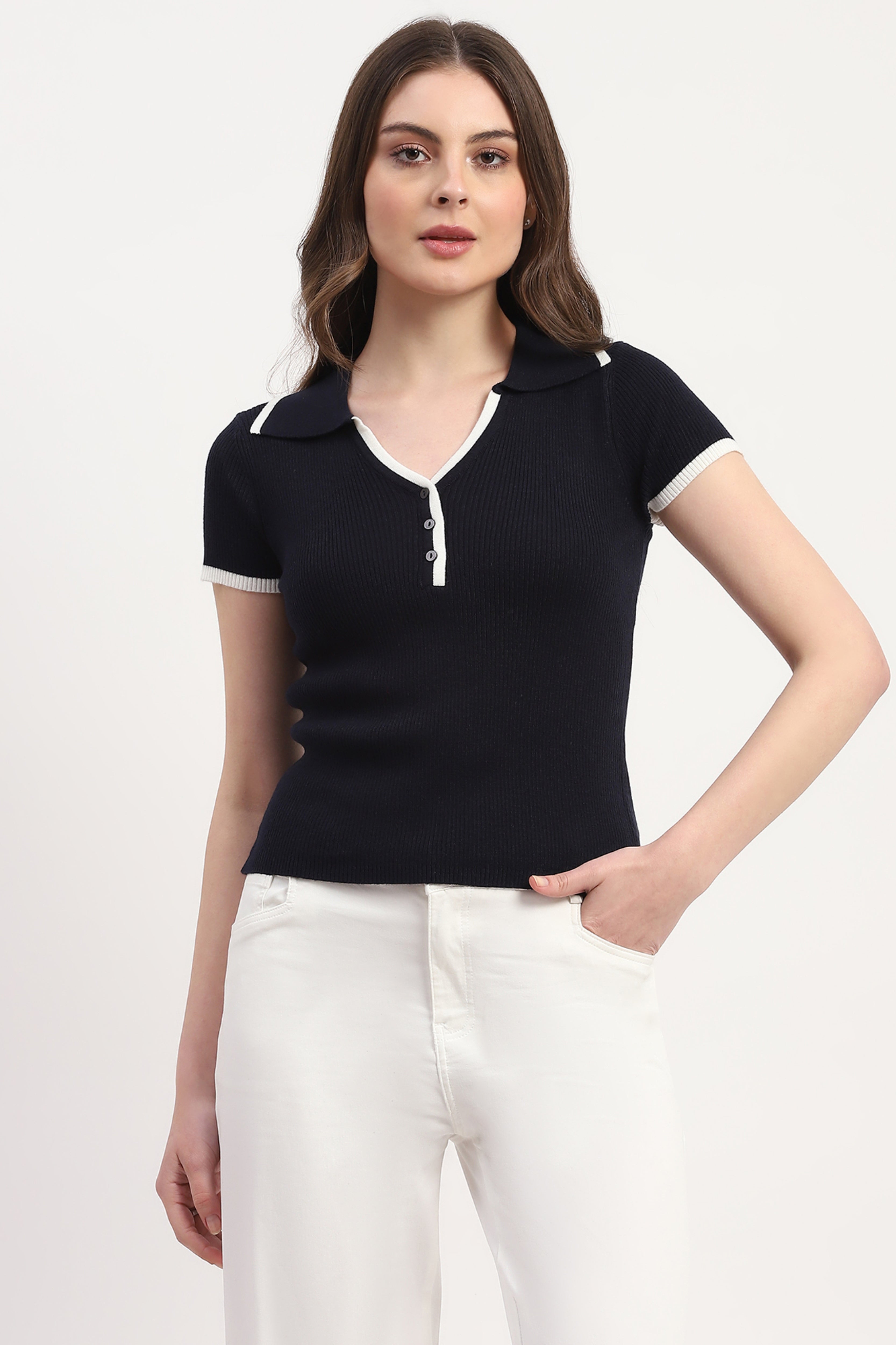 Navy Viscose Nylon Knitted Top