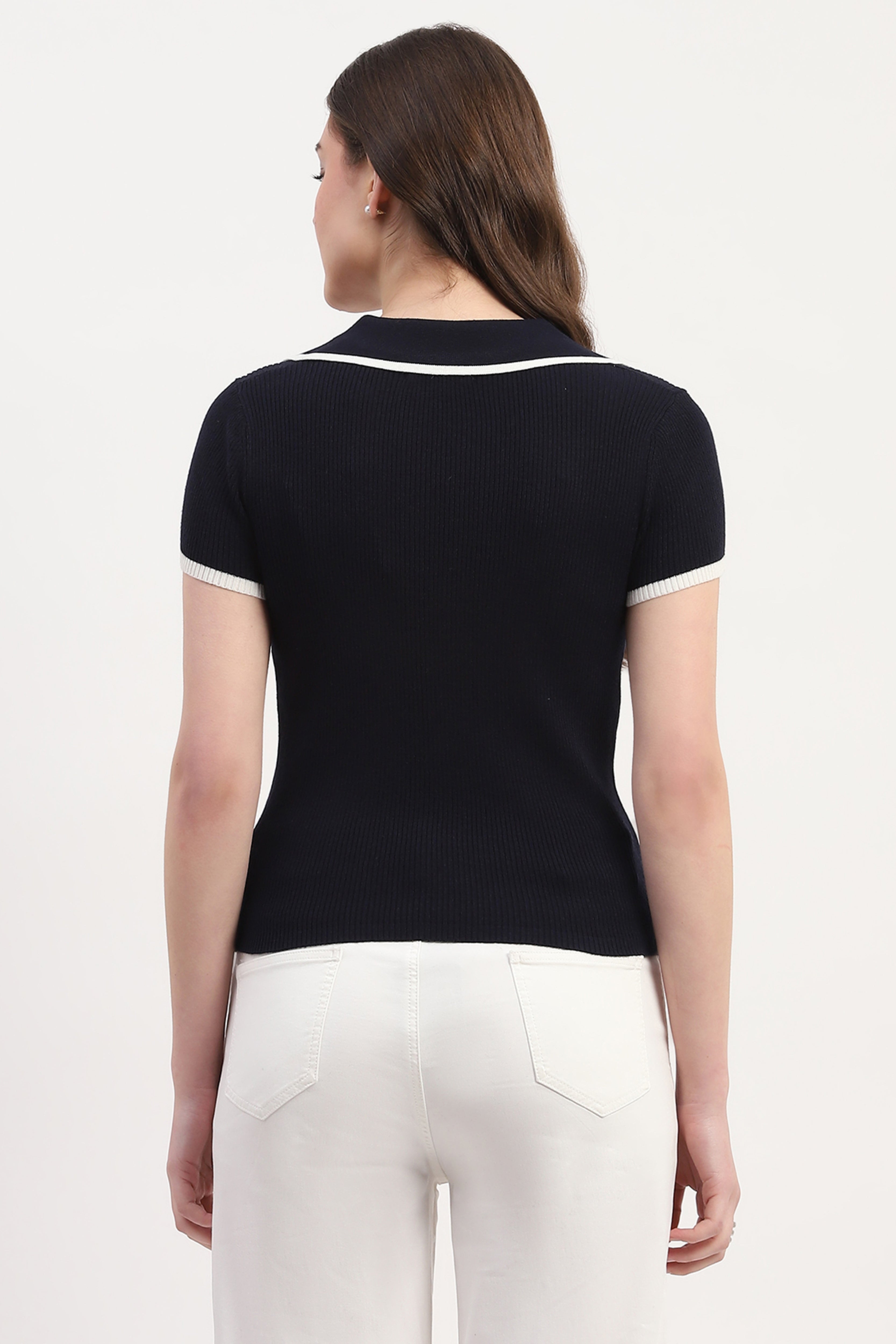 Navy Viscose Nylon Knitted Top