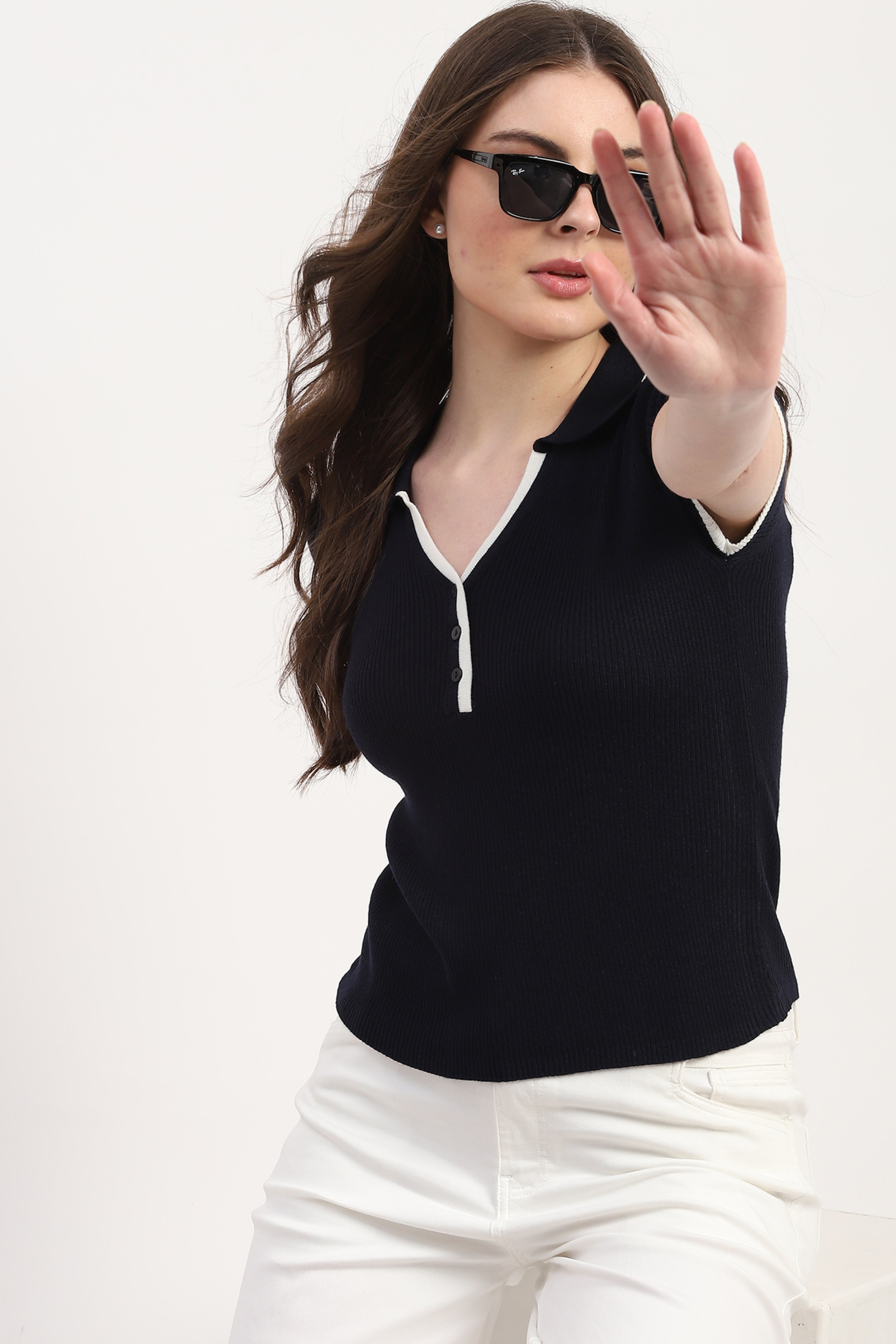 Navy Viscose Nylon Knitted Top