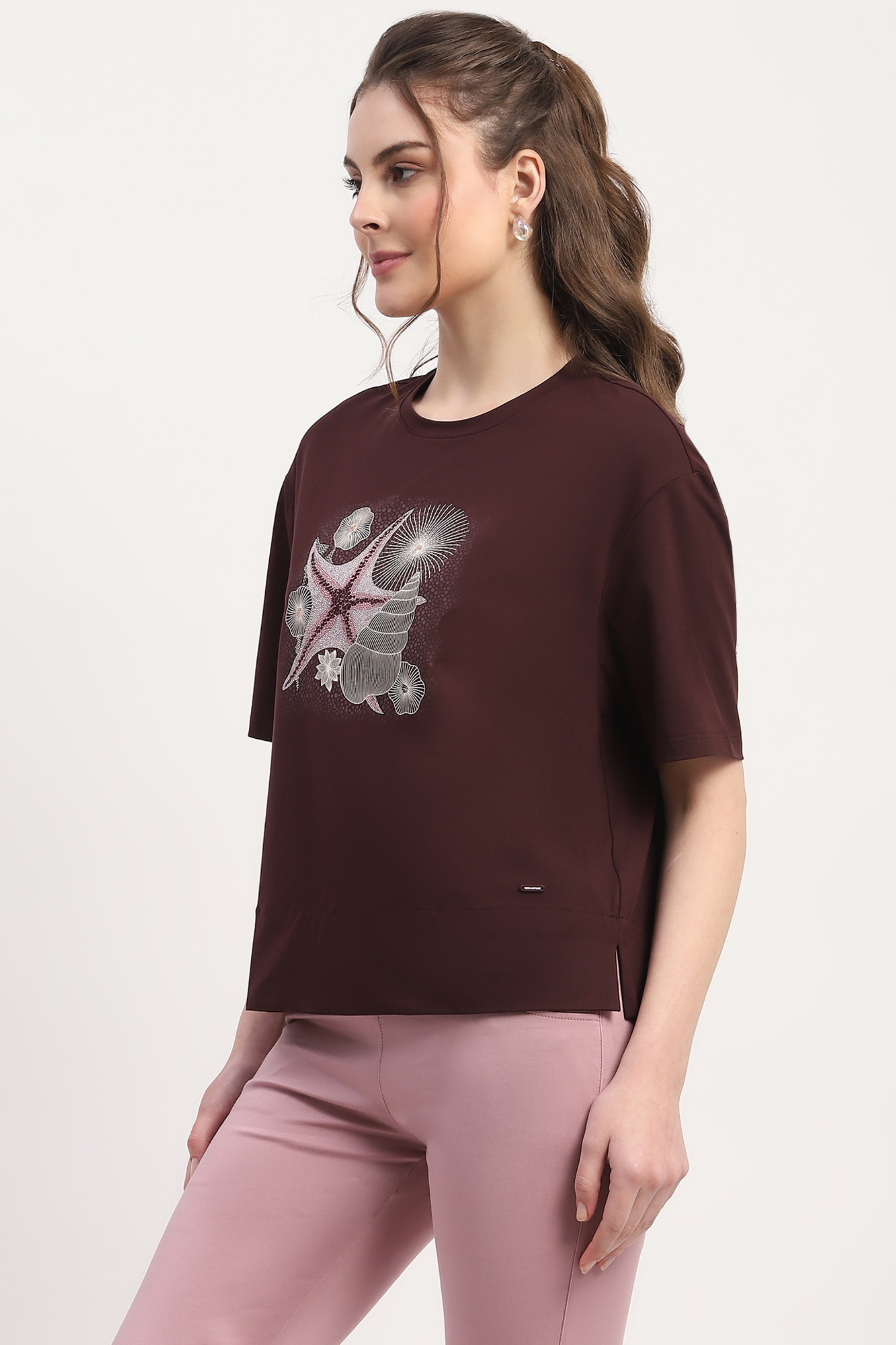 Wine Printed & Embellished Top