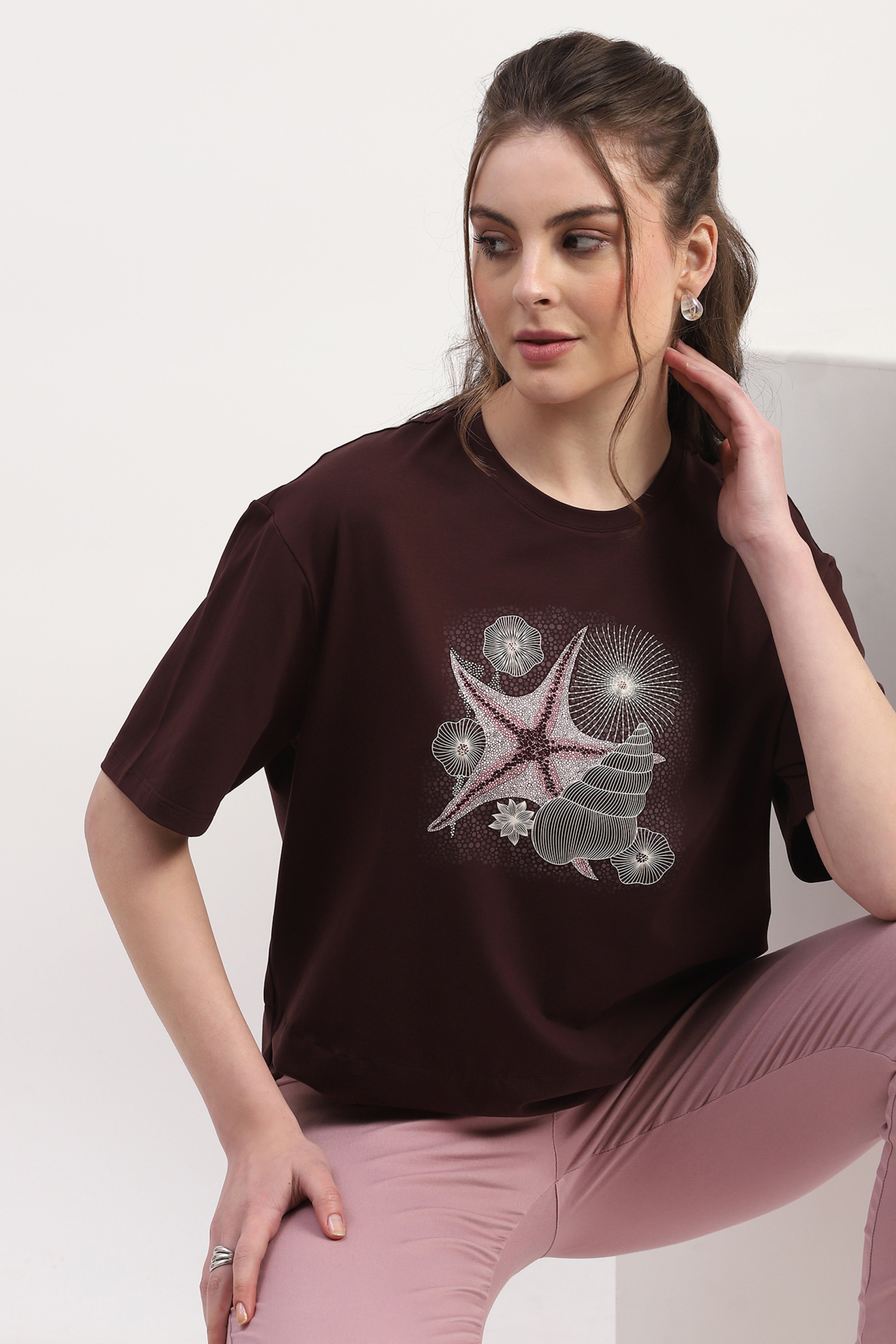 Wine Printed & Embellished Top