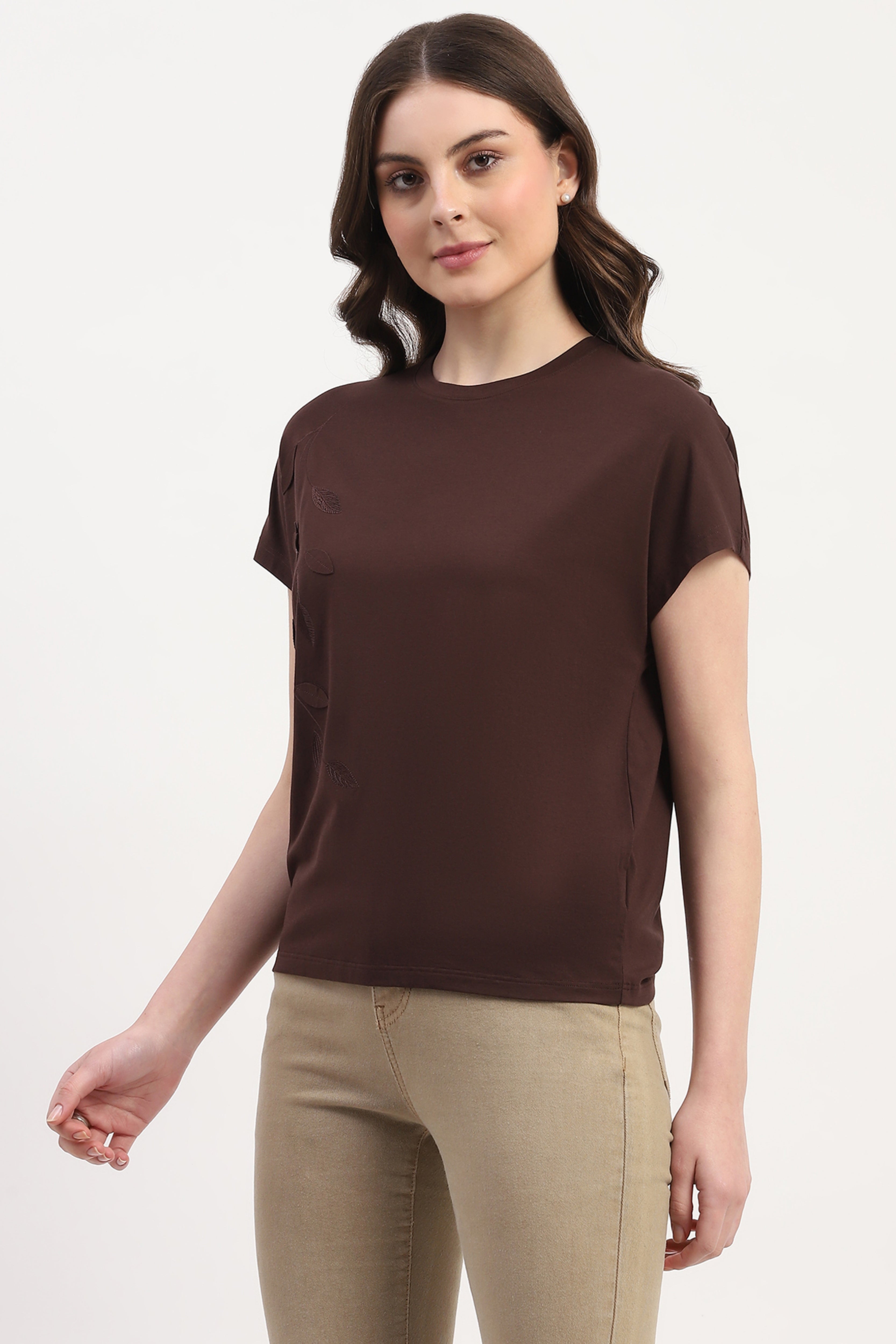 Brown Modal Blend Applique & Embroidery Top