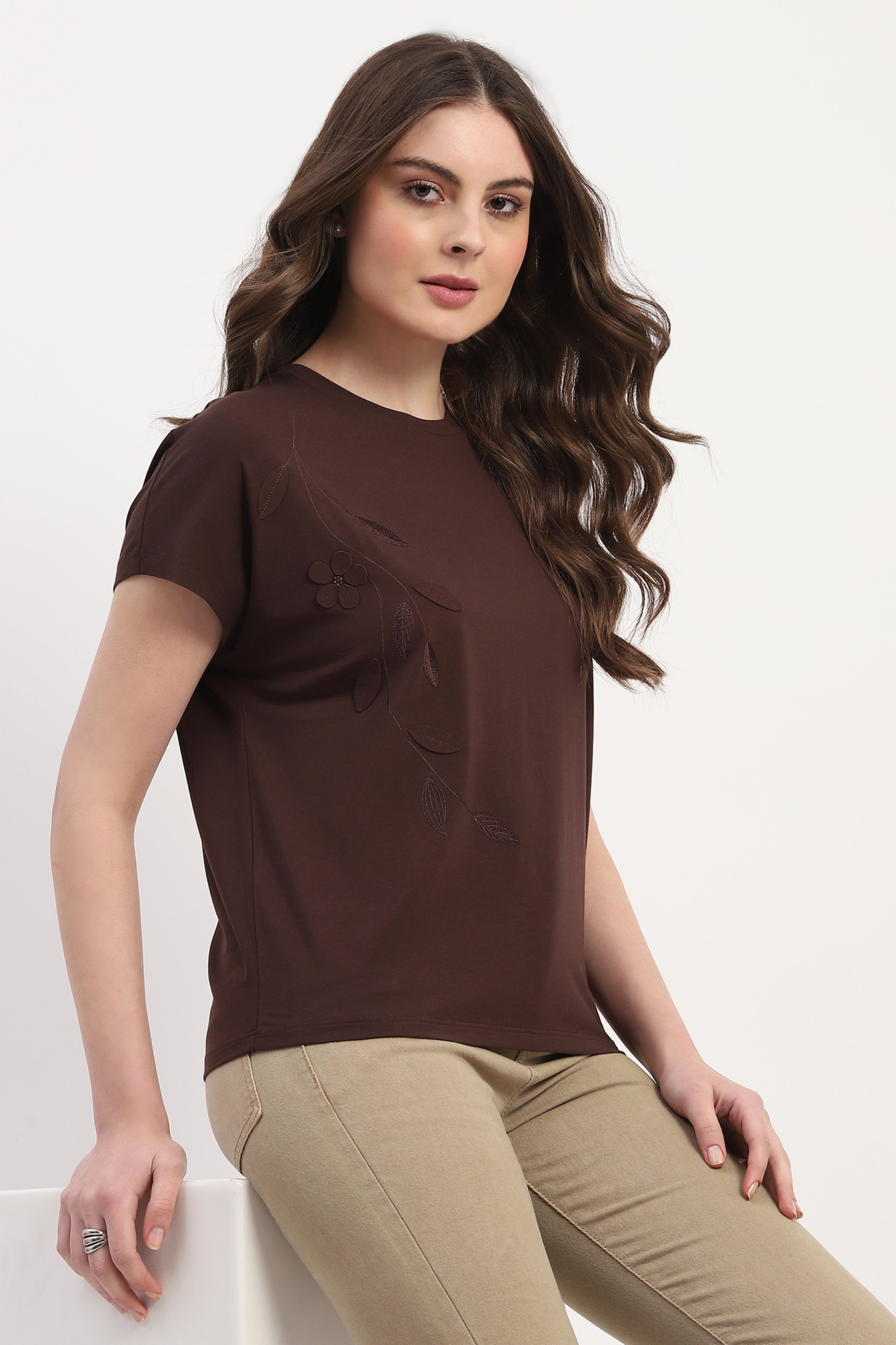 Brown Modal Blend Applique & Embroidery Top