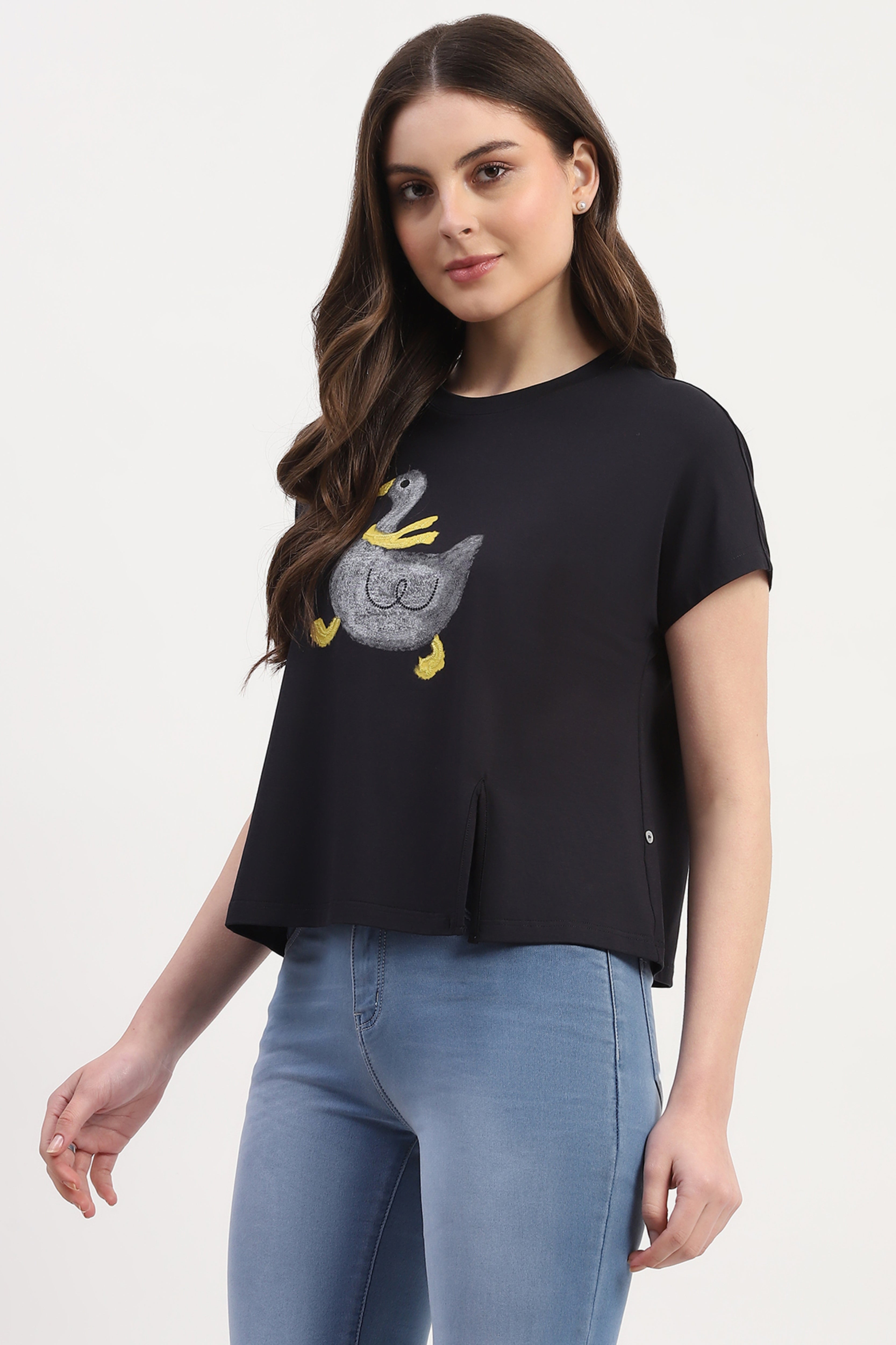 Navy Modal Blend Printed & Embellishment Top