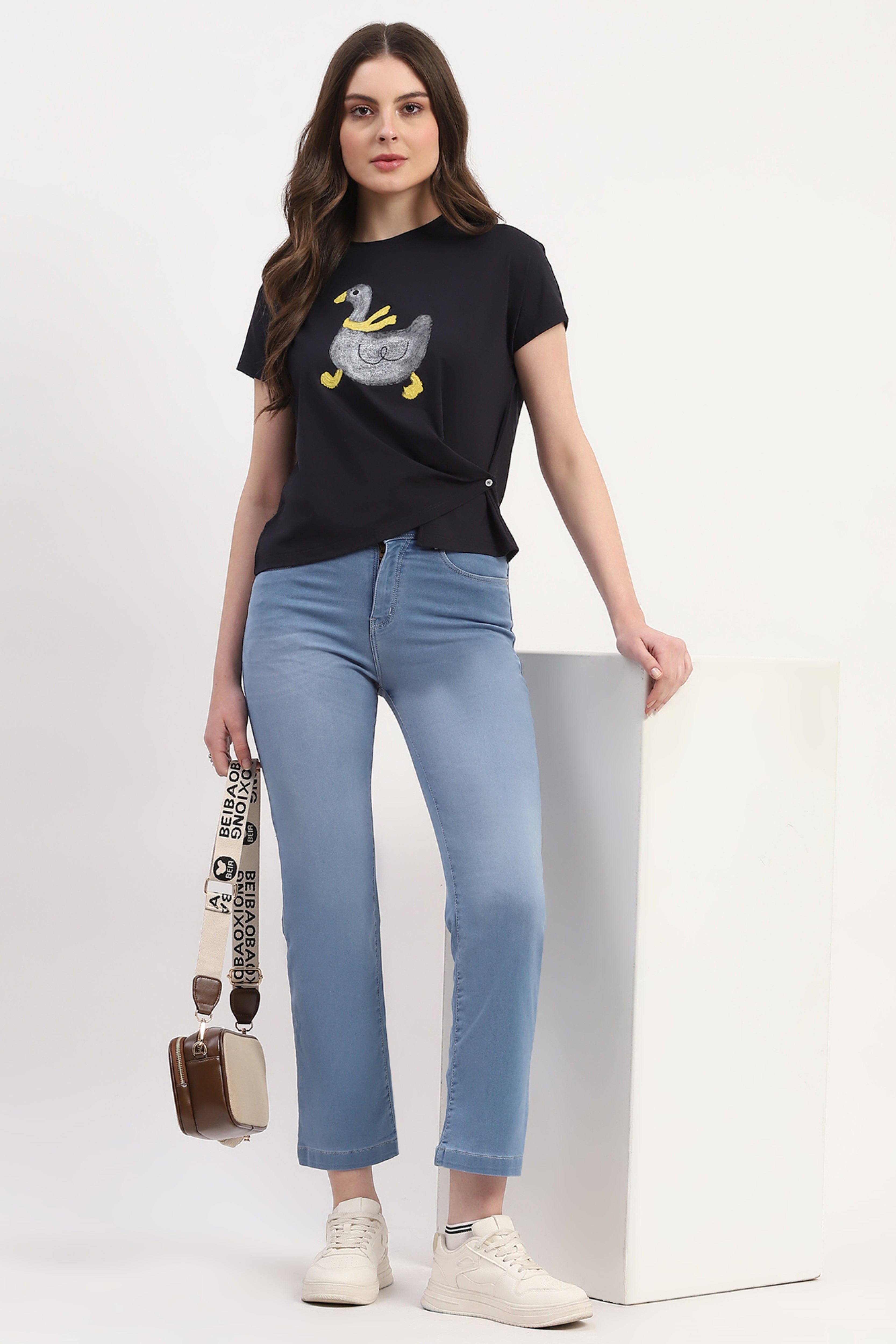 Navy Modal Blend Printed & Embellishment Top