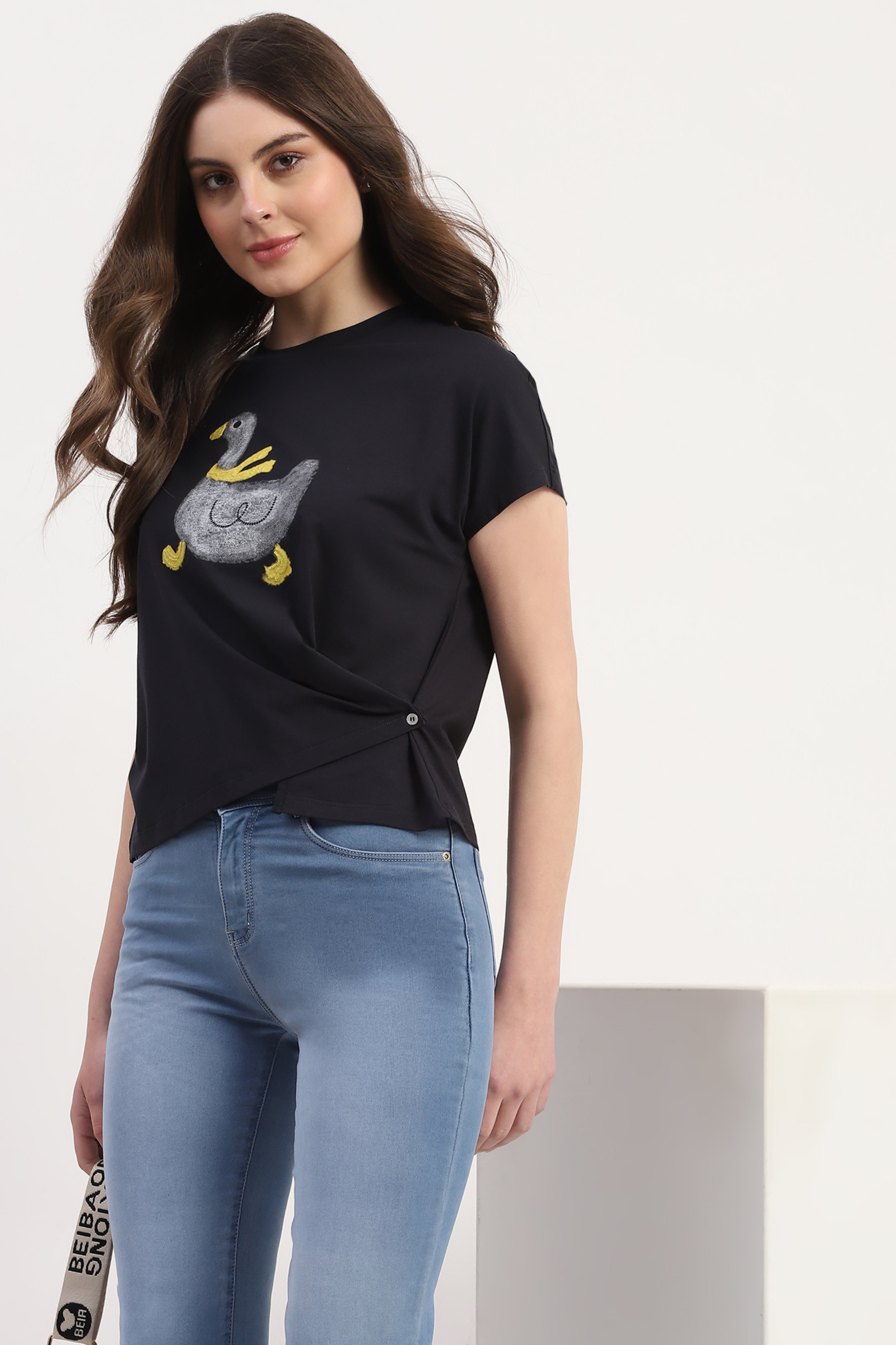 Navy Modal Blend Printed & Embellishment Top