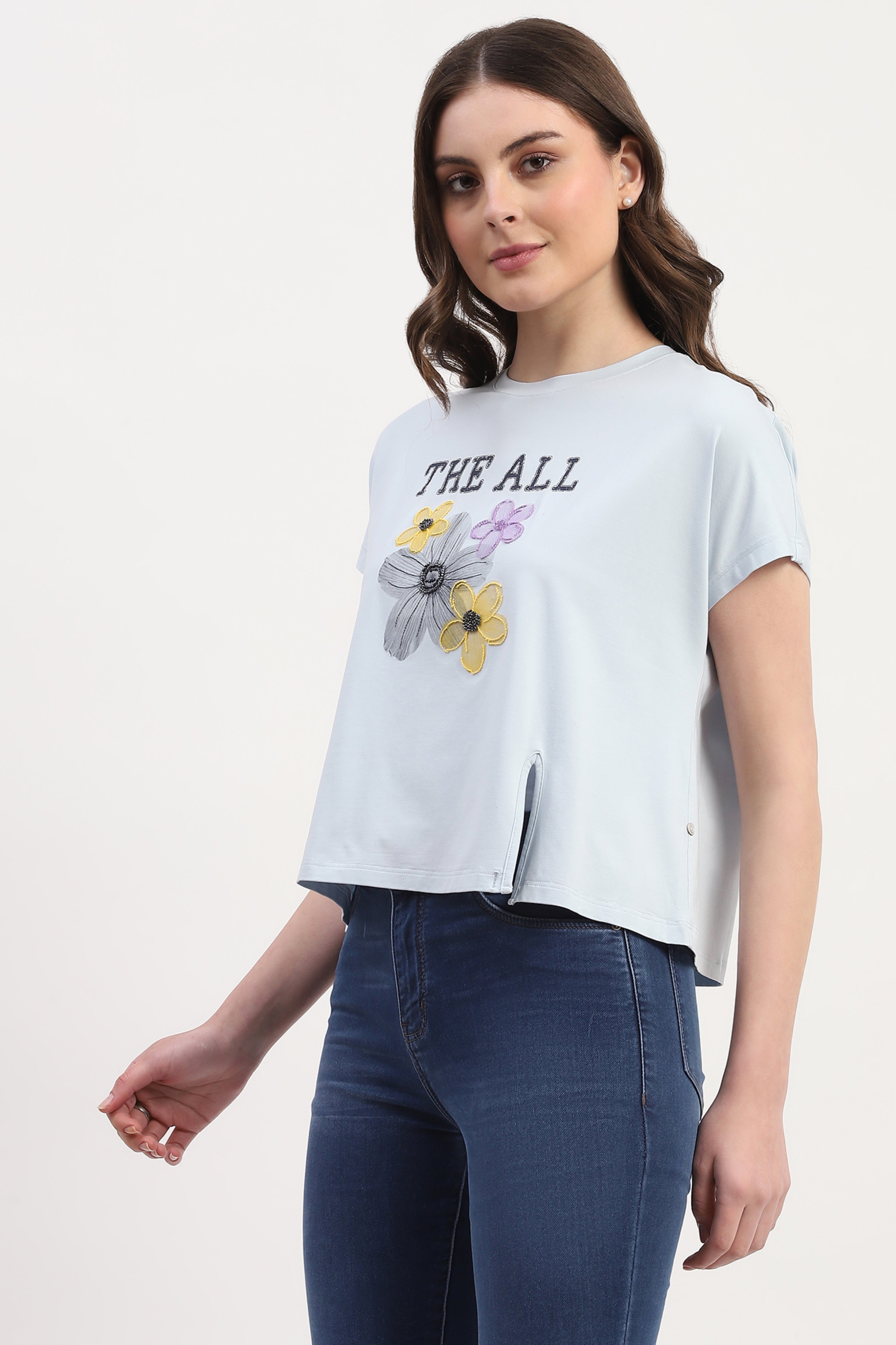 Blue Modal Blend Printed & Embellishment Top