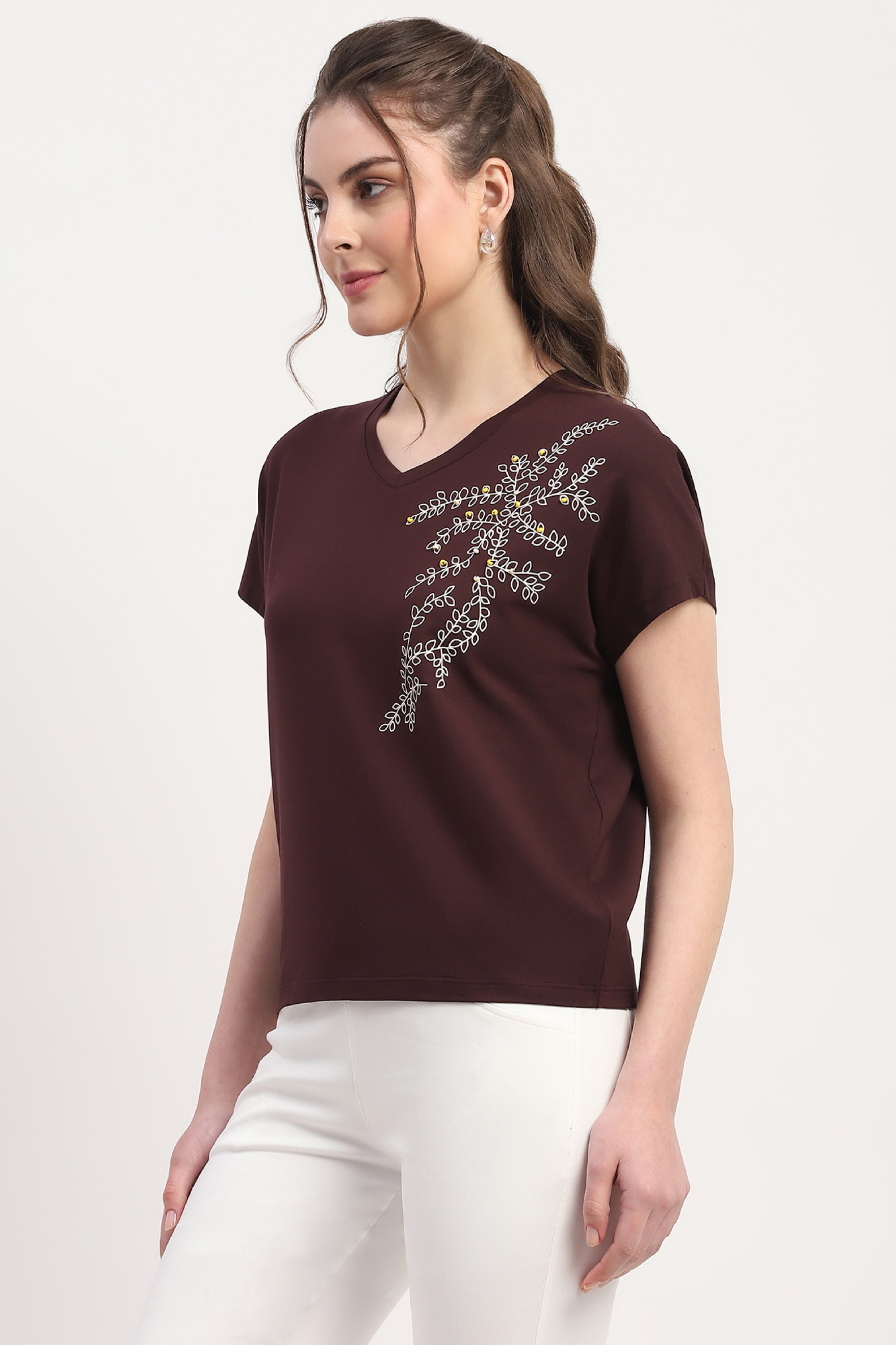 Wine Modal Blend Embossed Print & Bead Embellishment Top