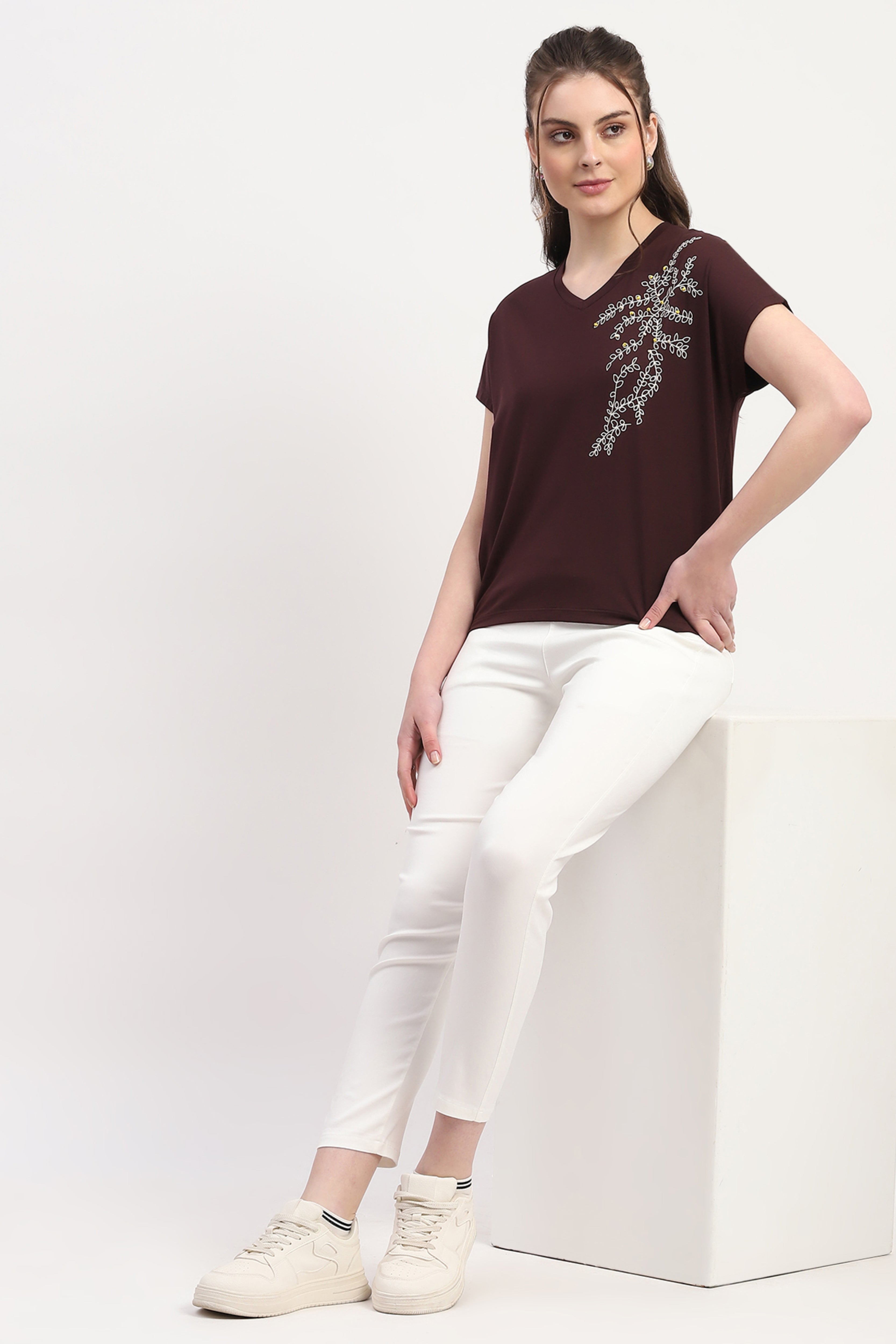 Wine Modal Blend Embossed Print & Bead Embellishment Top