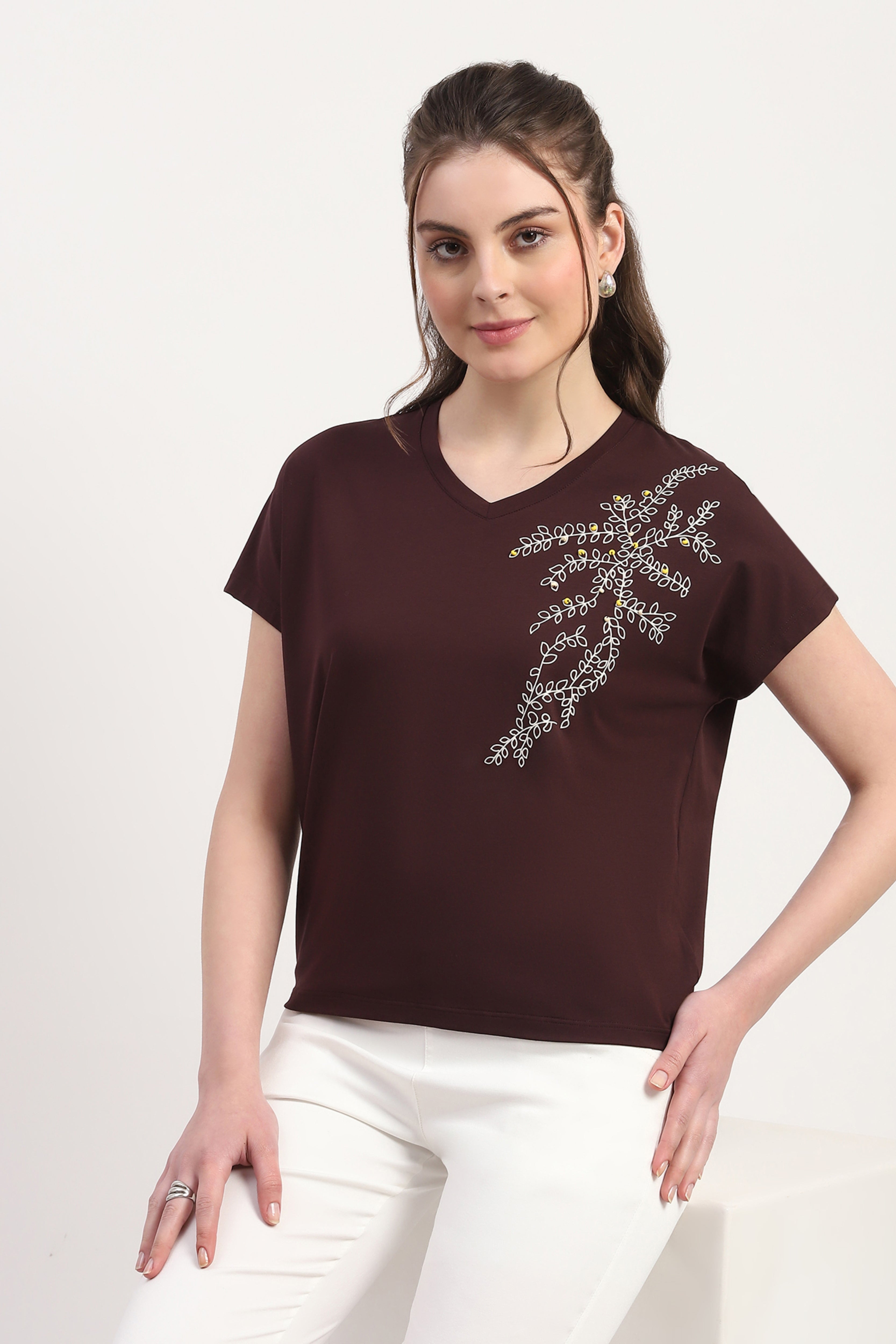 Wine Modal Blend Embossed Print & Bead Embellishment Top