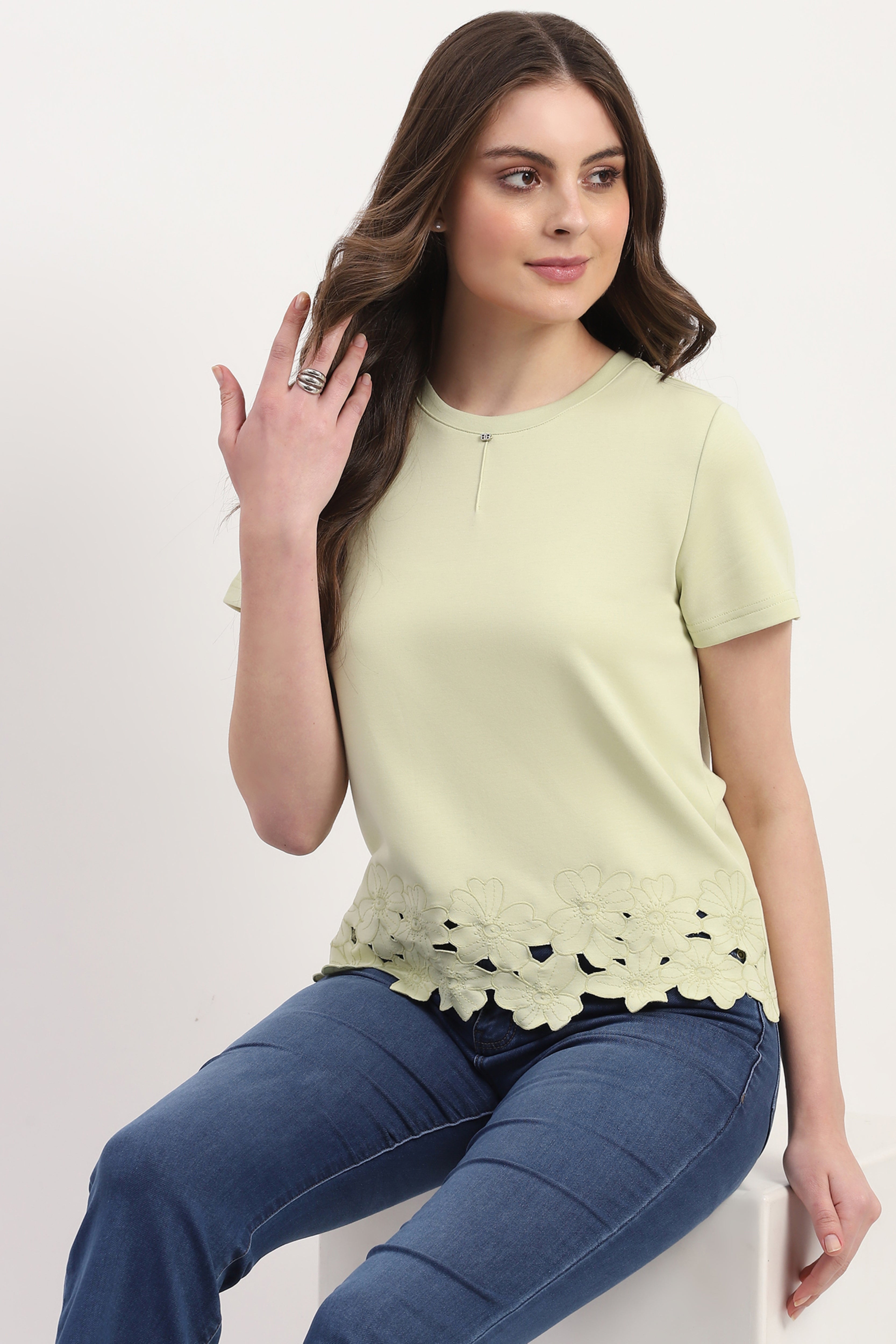 Green Cotton Blend Solid Top