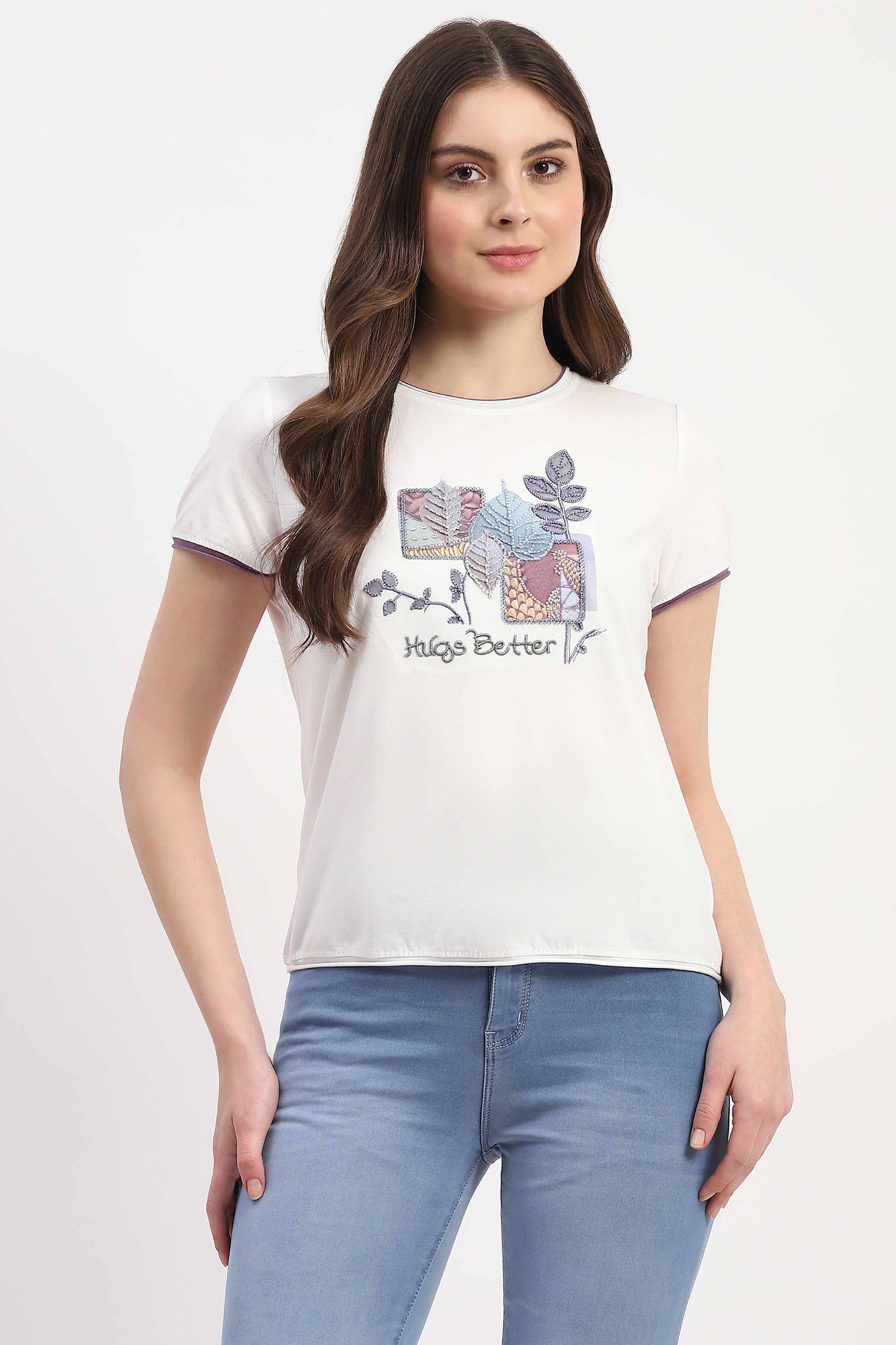 White Modal Spandex Printed & Embroidered Top