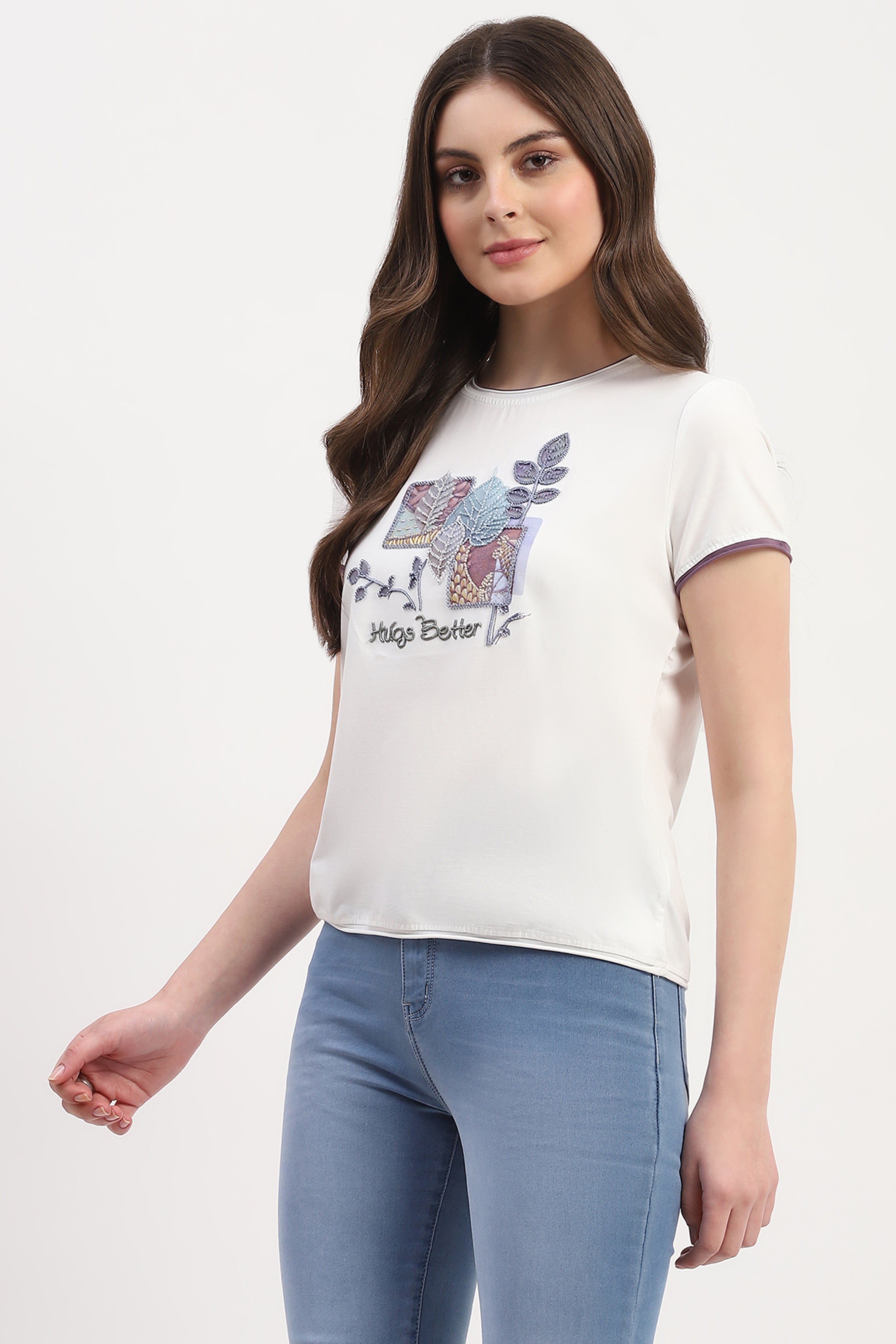 White Modal Spandex Printed & Embroidered Top