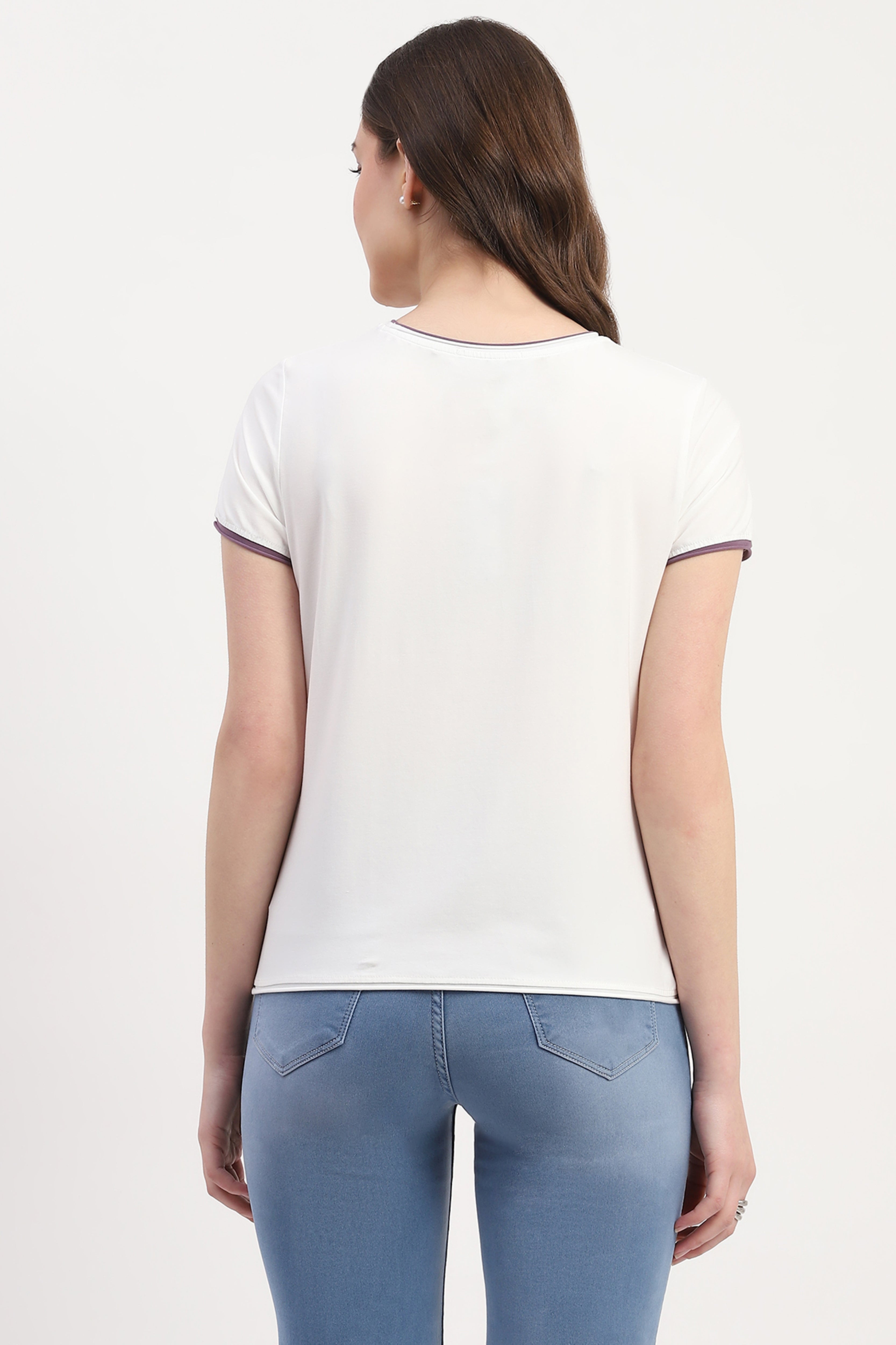 White Modal Spandex Printed & Embroidered Top