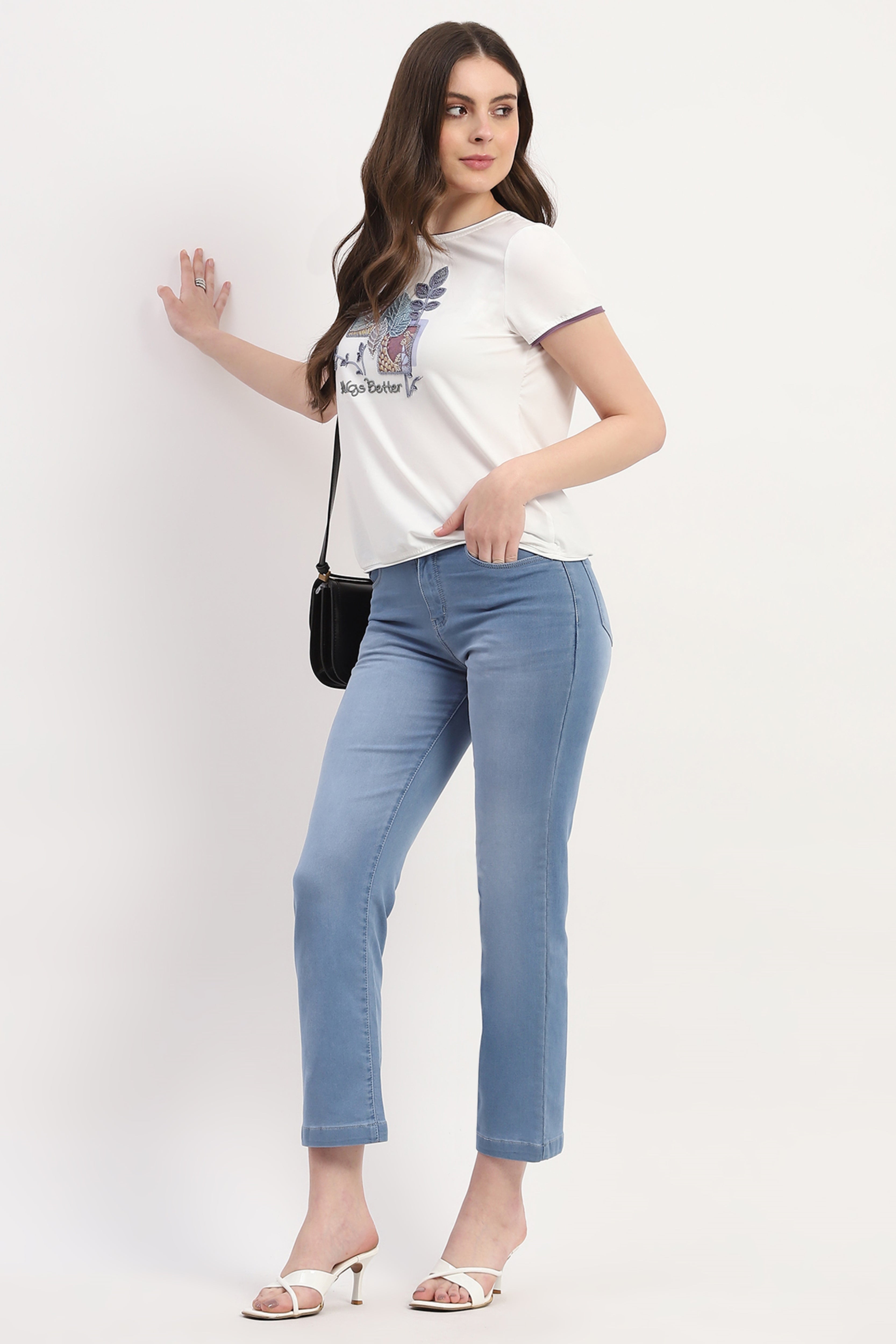 White Modal Spandex Printed & Embroidered Top