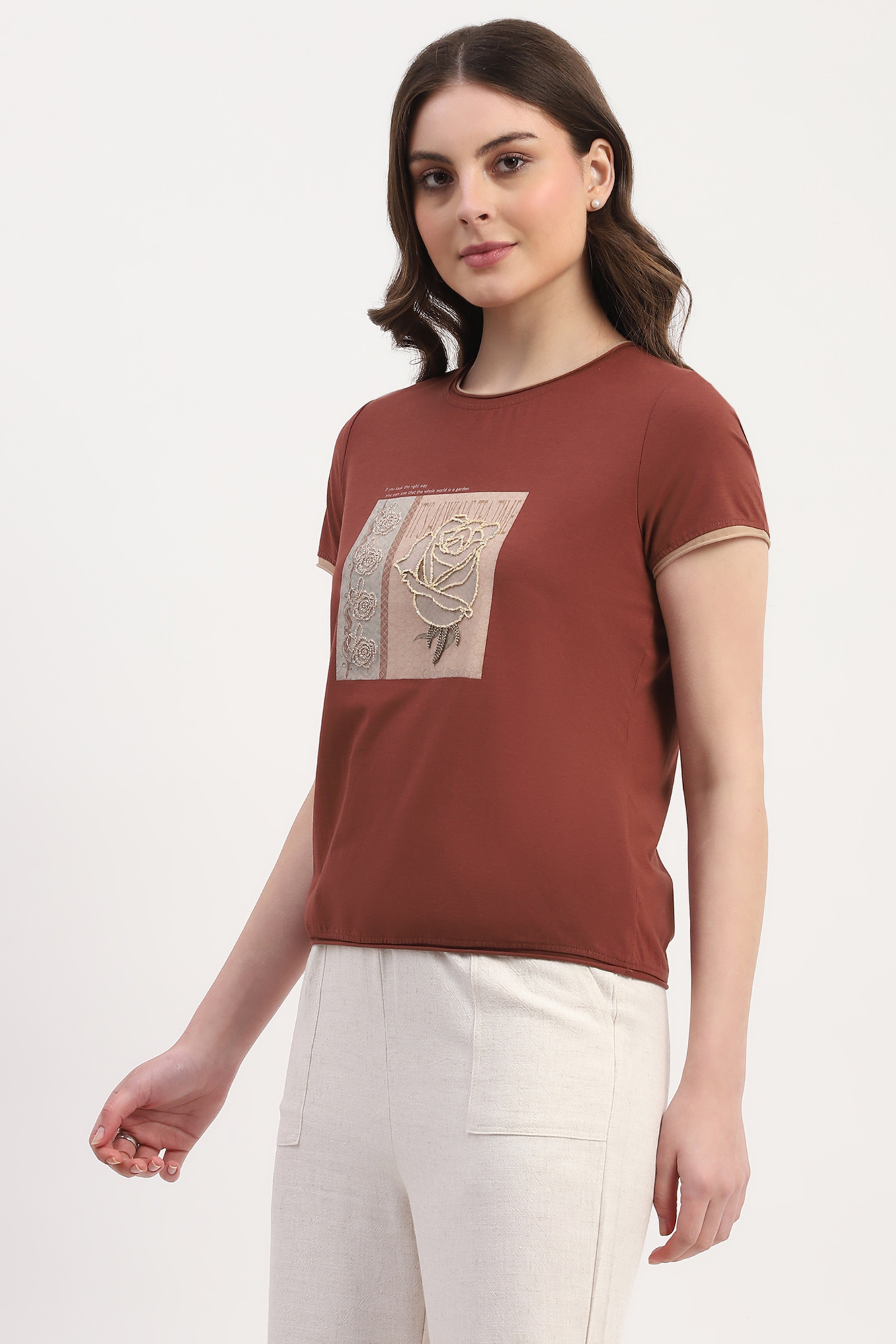 Brown Modal Spandex Printed & Embroidered Top