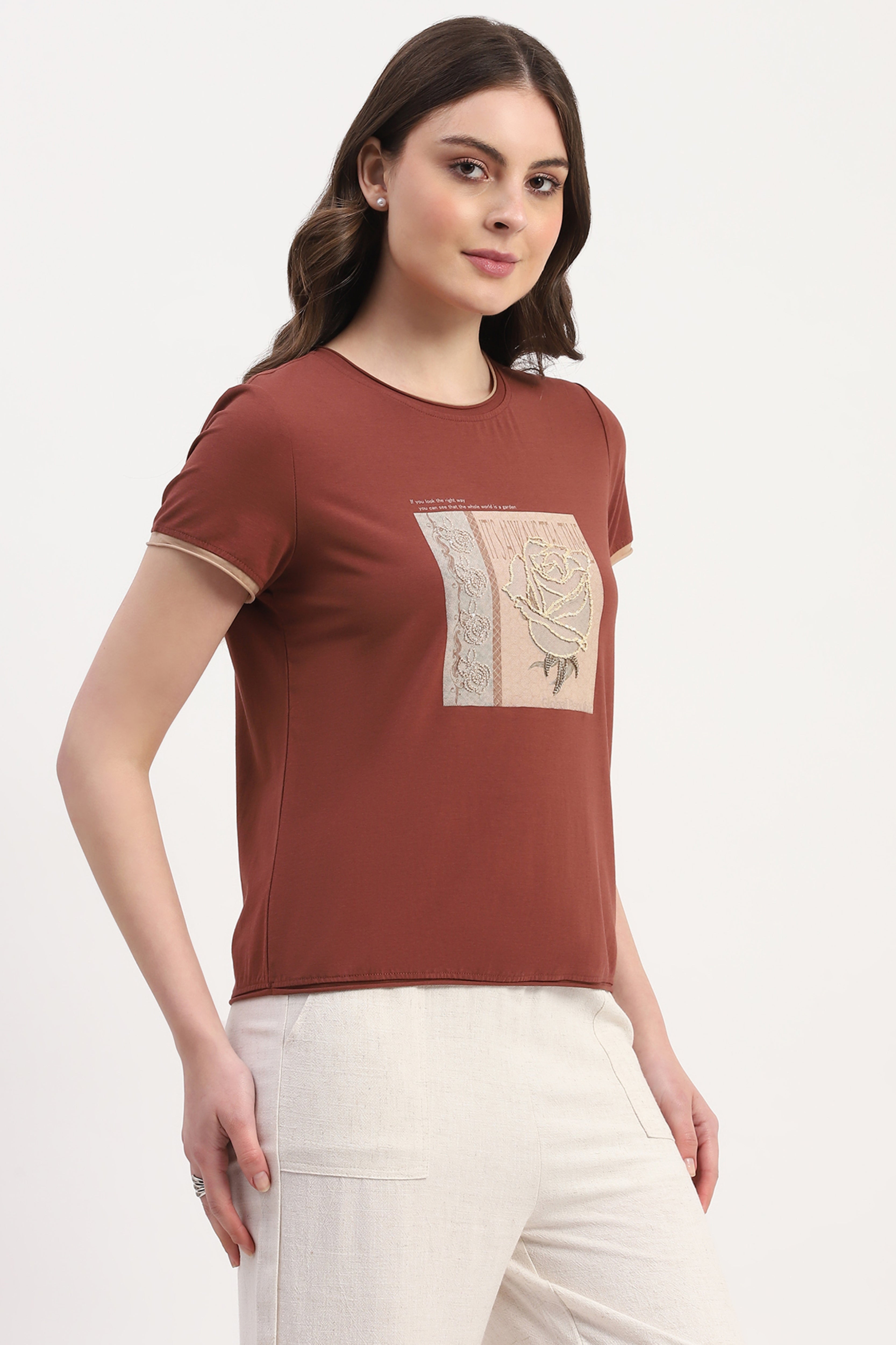 Brown Modal Spandex Printed & Embroidered Top