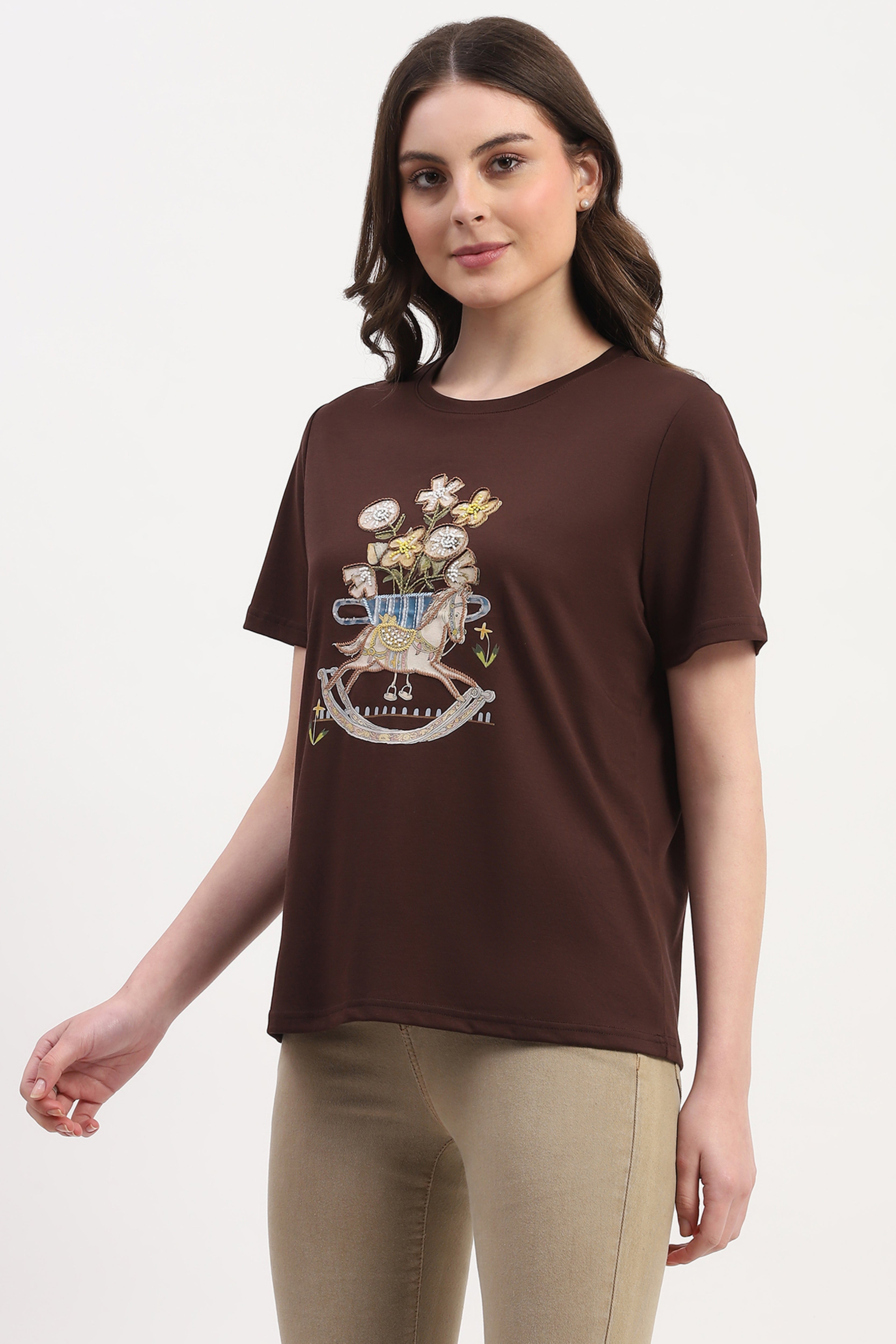 Brown Cotton Blend Print Embroidery Embellishment Top