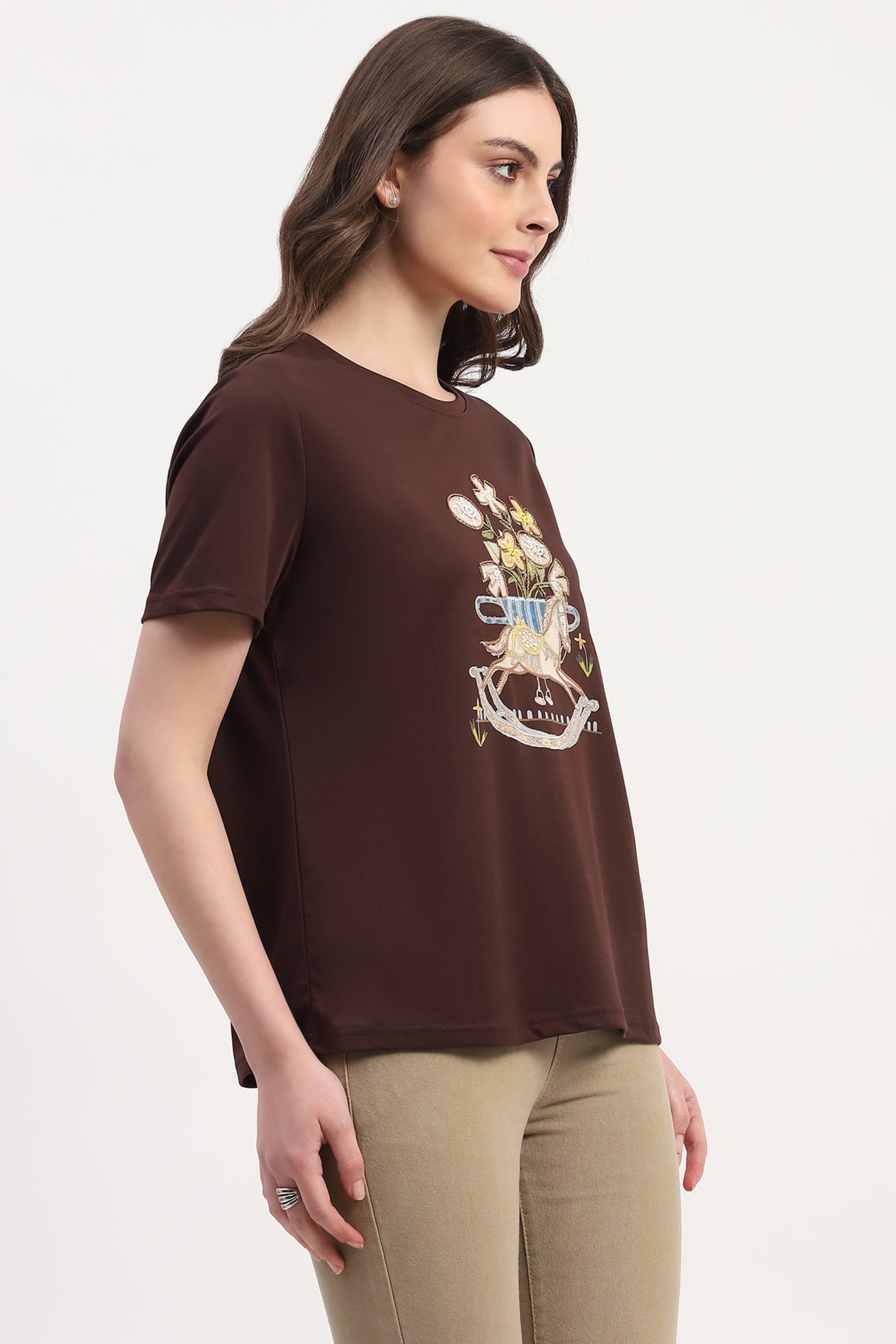 Brown Cotton Blend Print Embroidery Embellishment Top