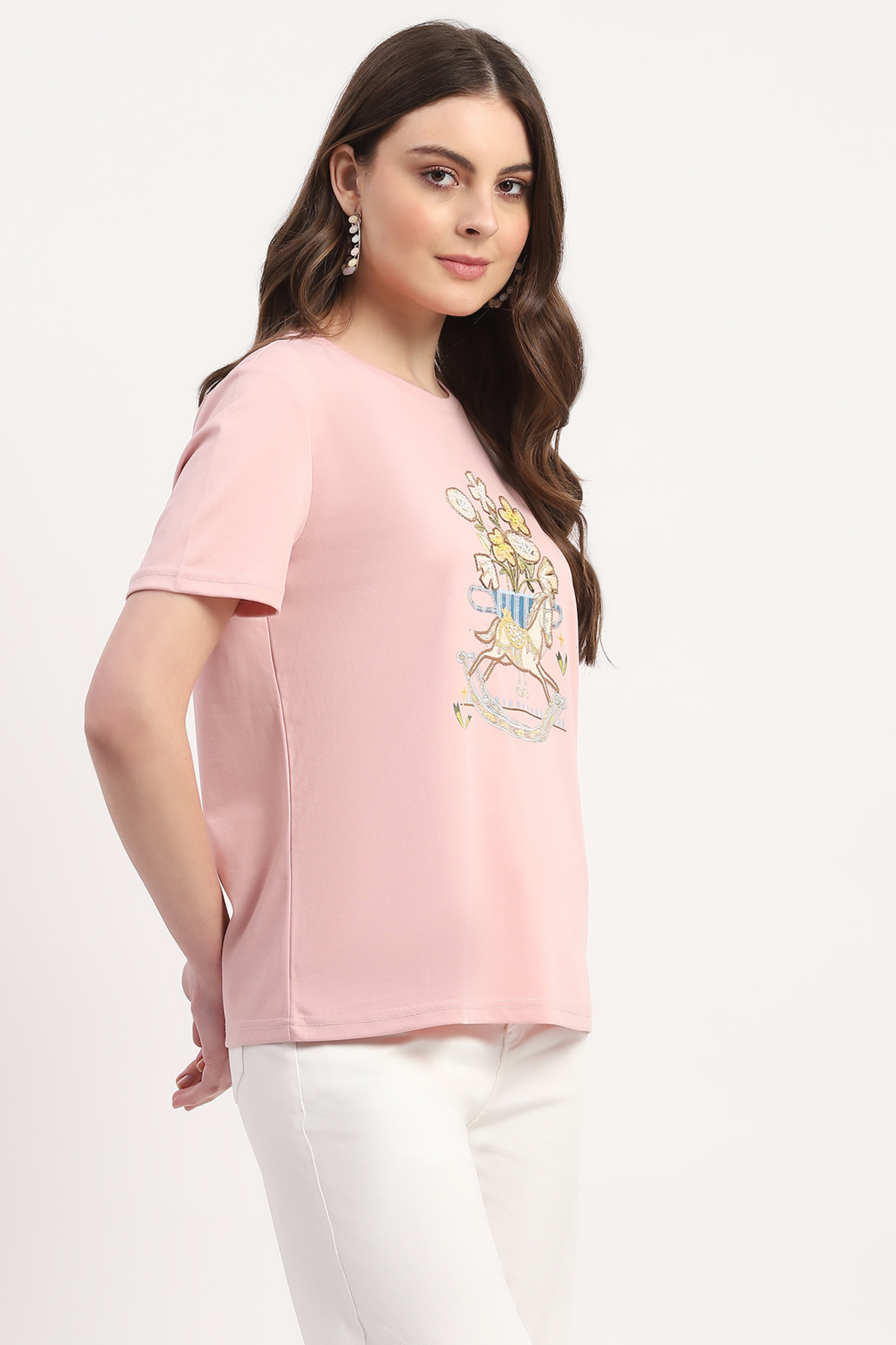 Pink Cotton Blend Print Embroidery Embellishment Top