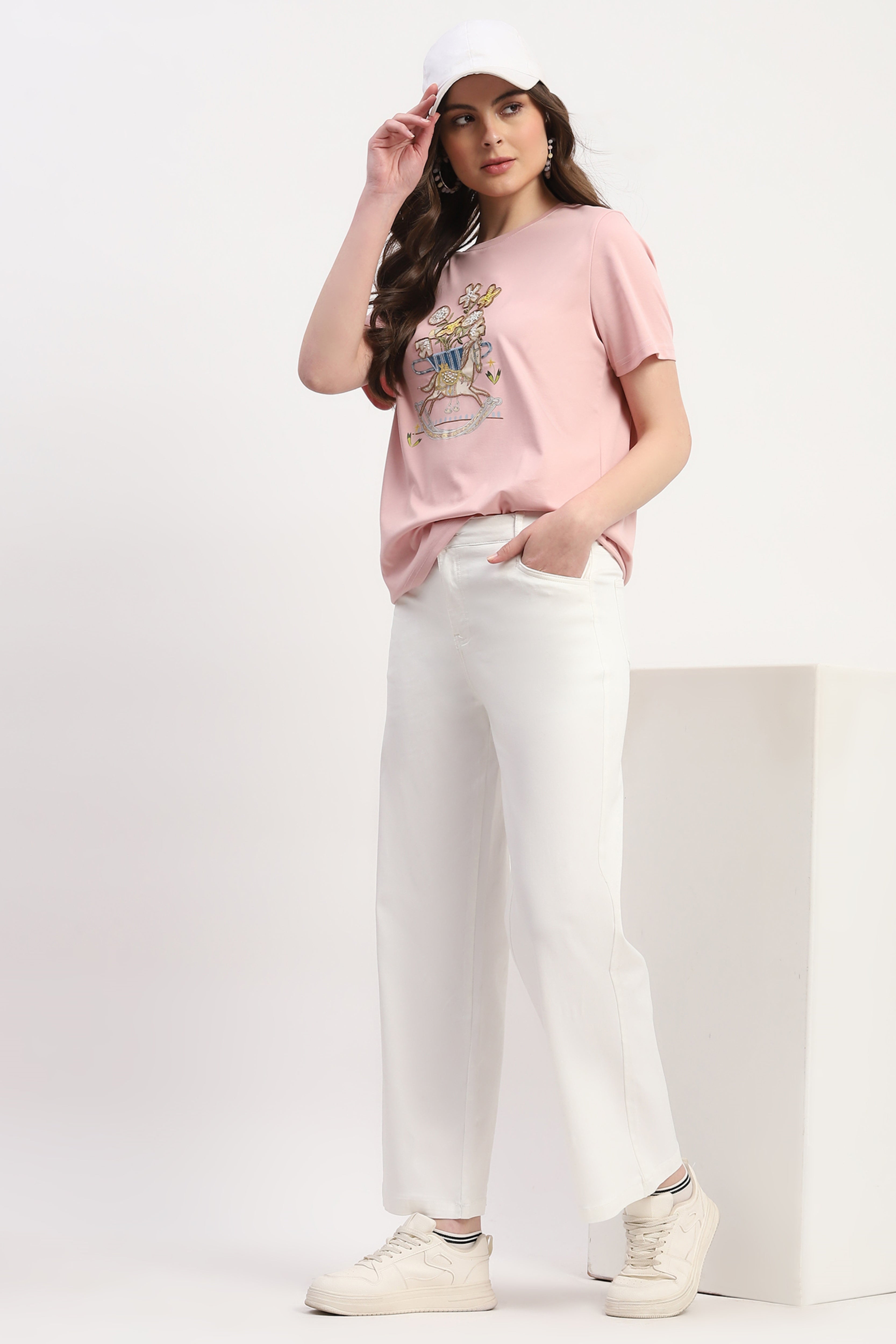 Pink Cotton Blend Print Embroidery Embellishment Top
