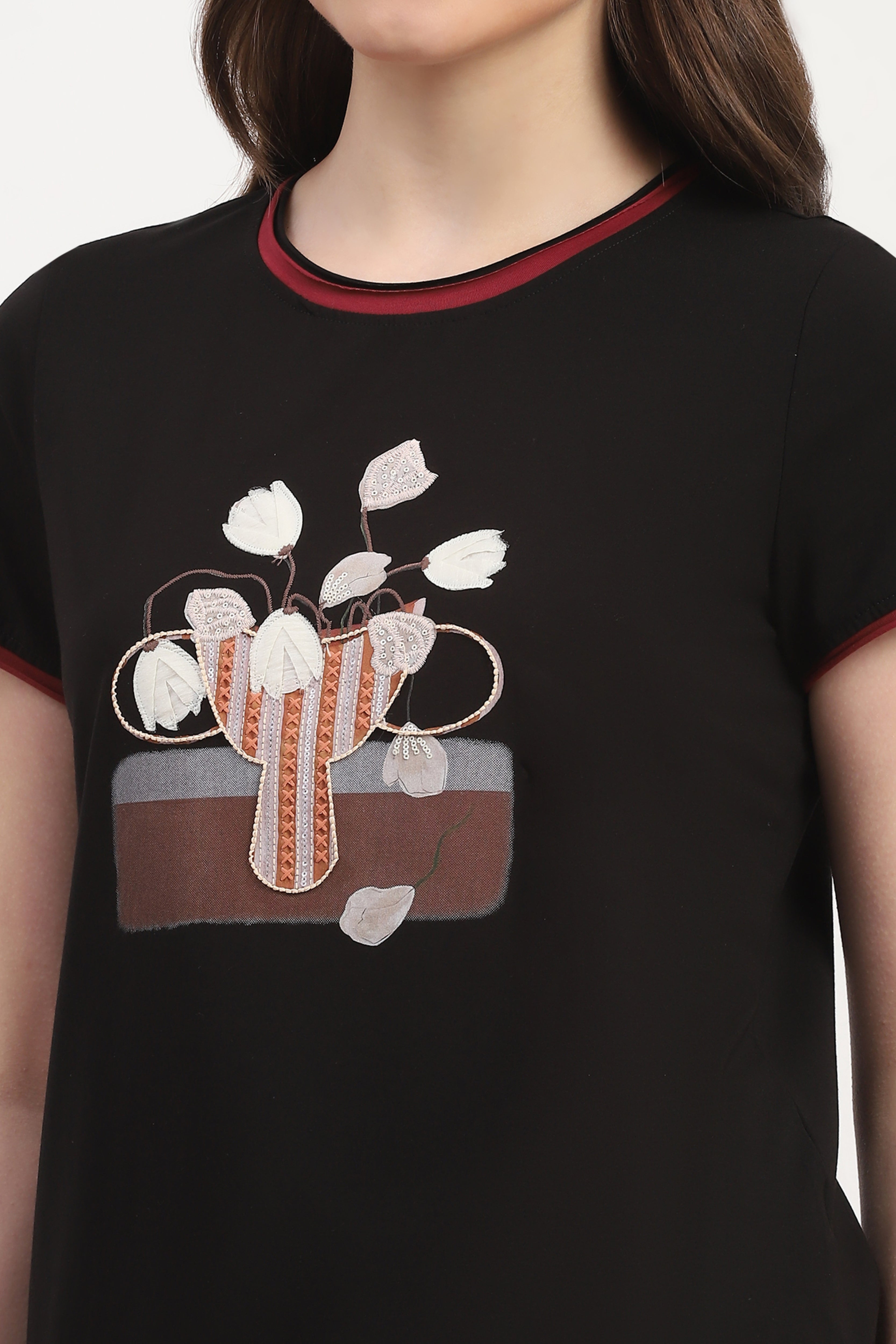Black Modal Blend Applique & embroidered Top