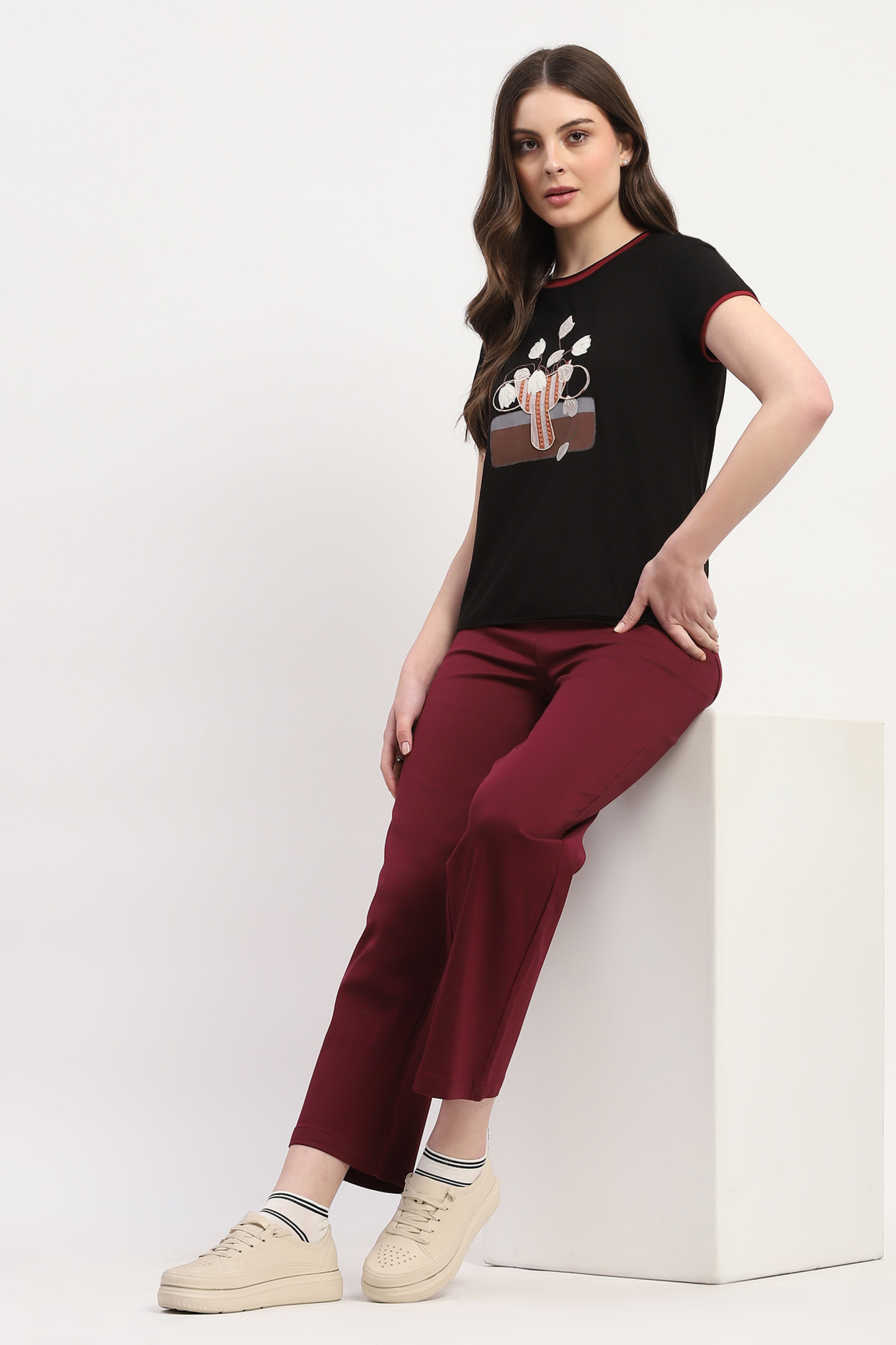 Black Modal Blend Applique & embroidered Top