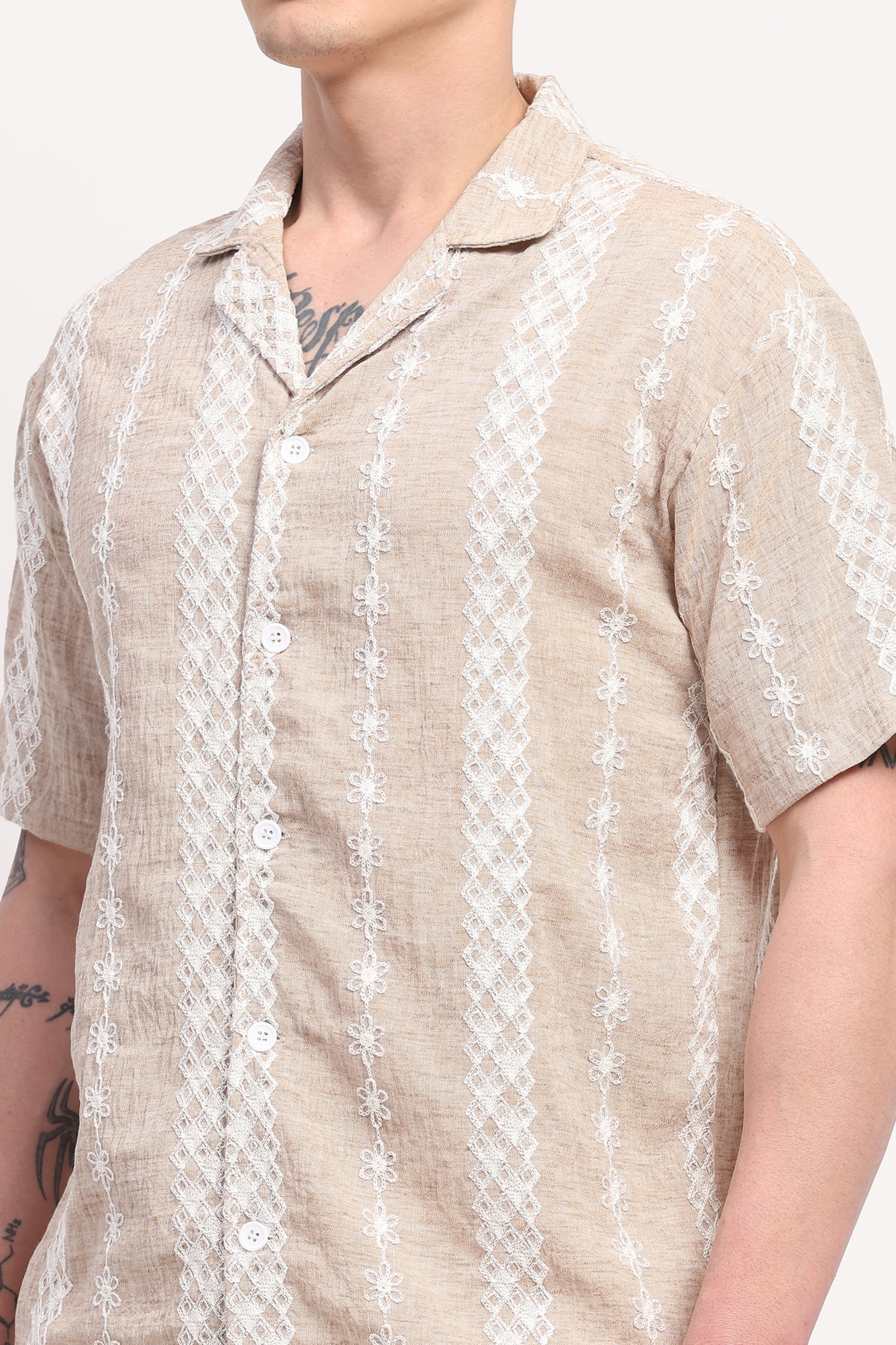 Beige Linen Blend Embroidered Shirt
