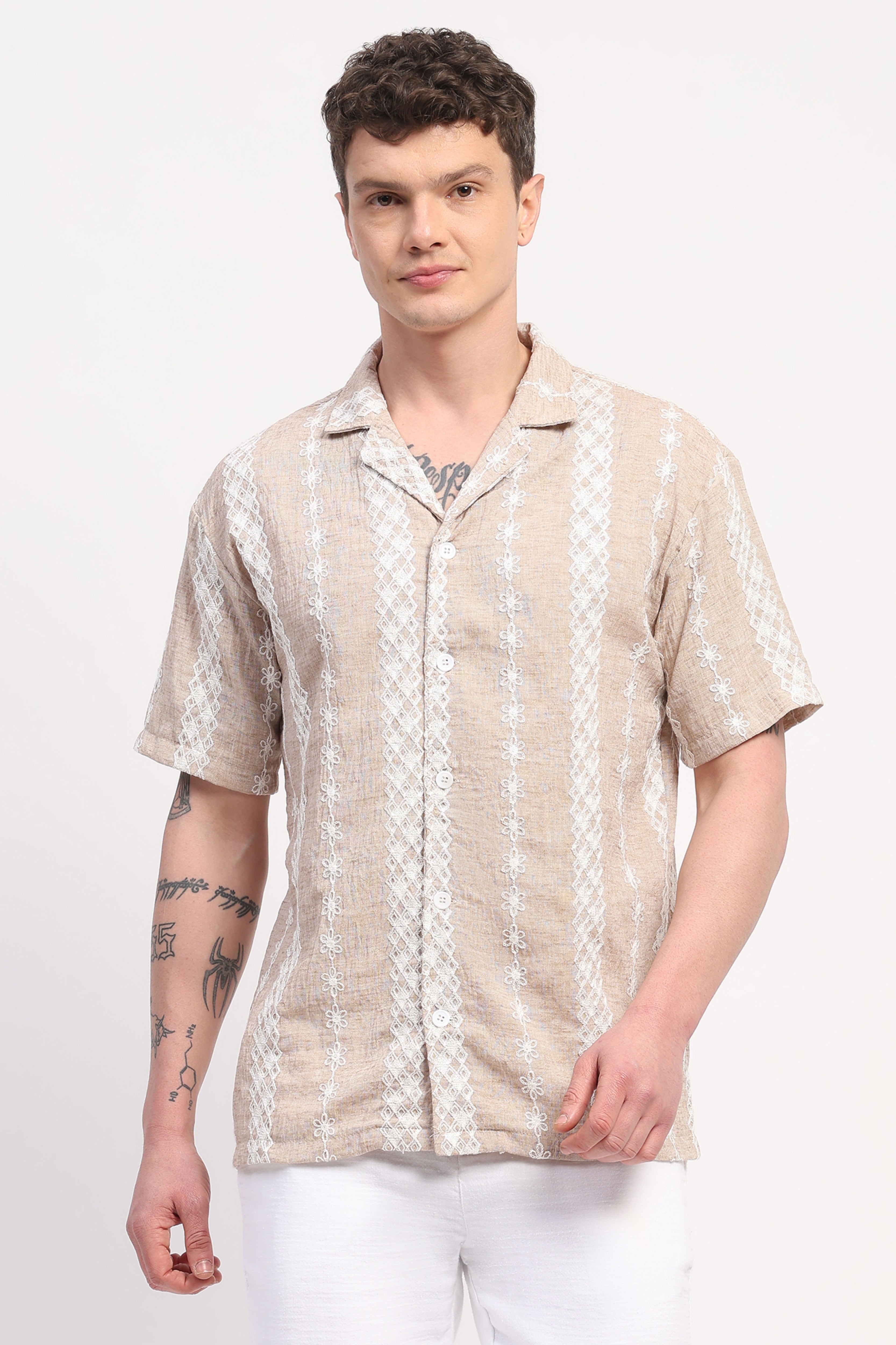 Beige Linen Blend Embroidered Shirt