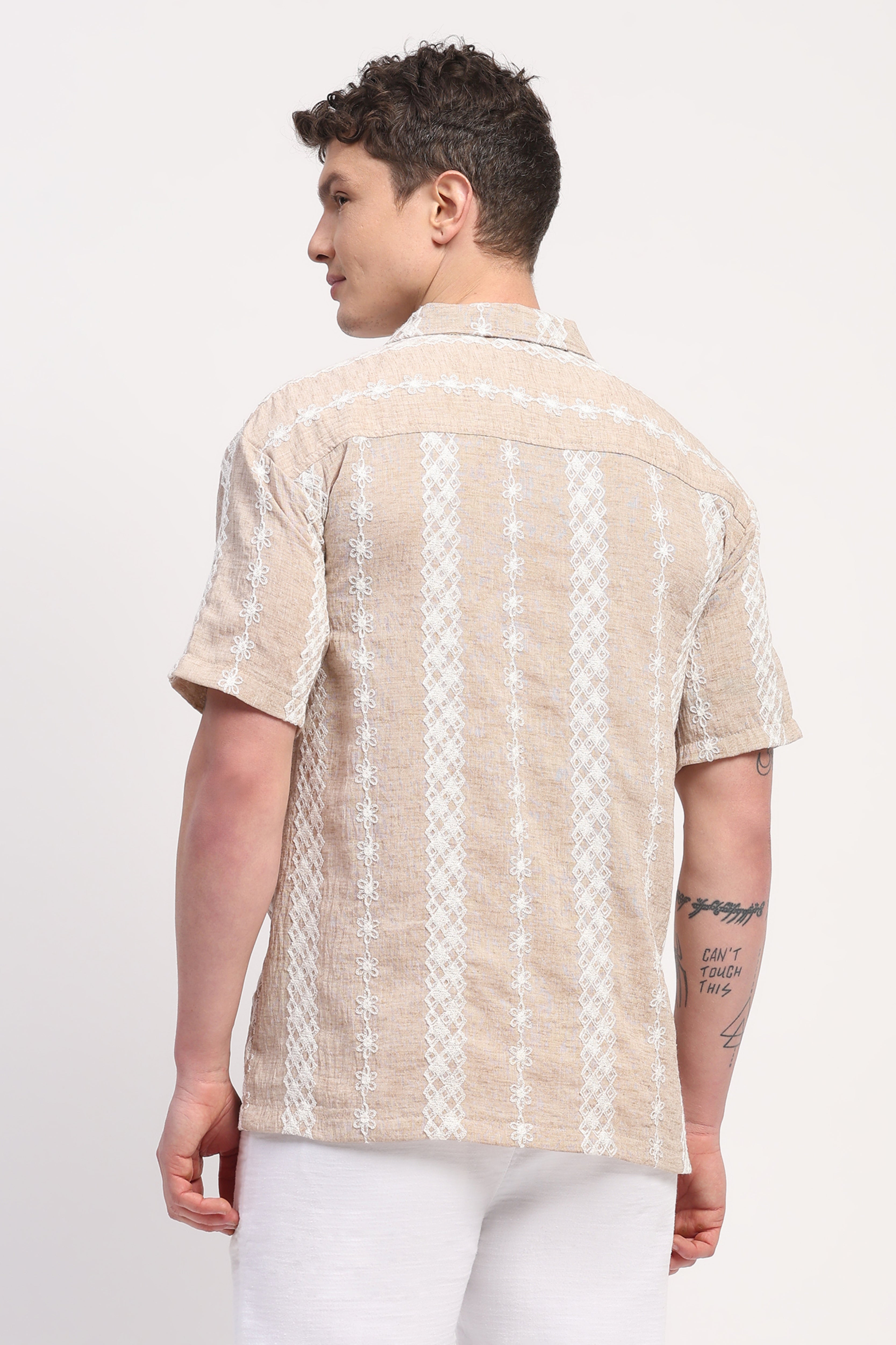 Beige Linen Blend Embroidered Shirt