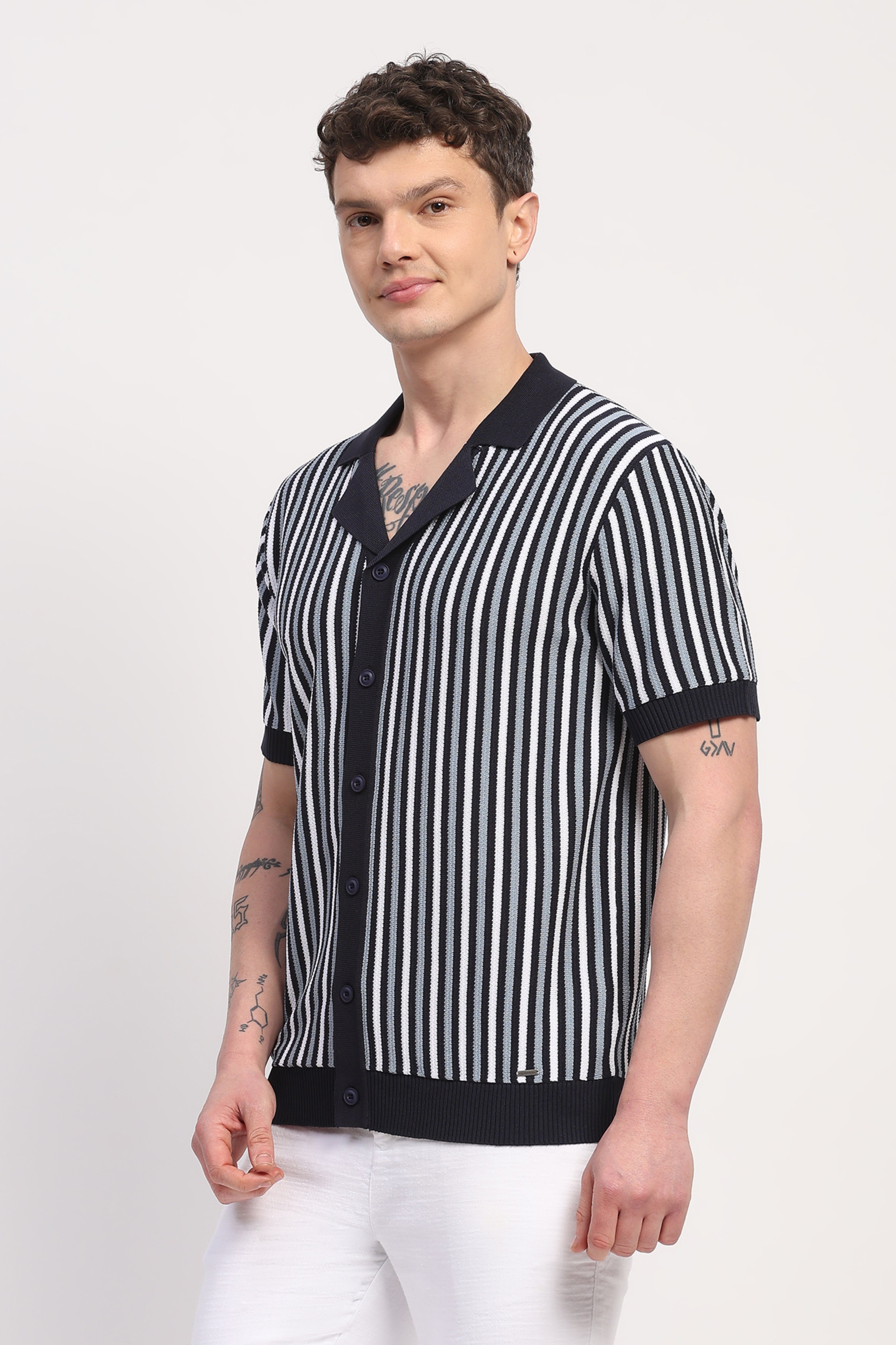 Navy Blue Viscose Blend Striped Shirt