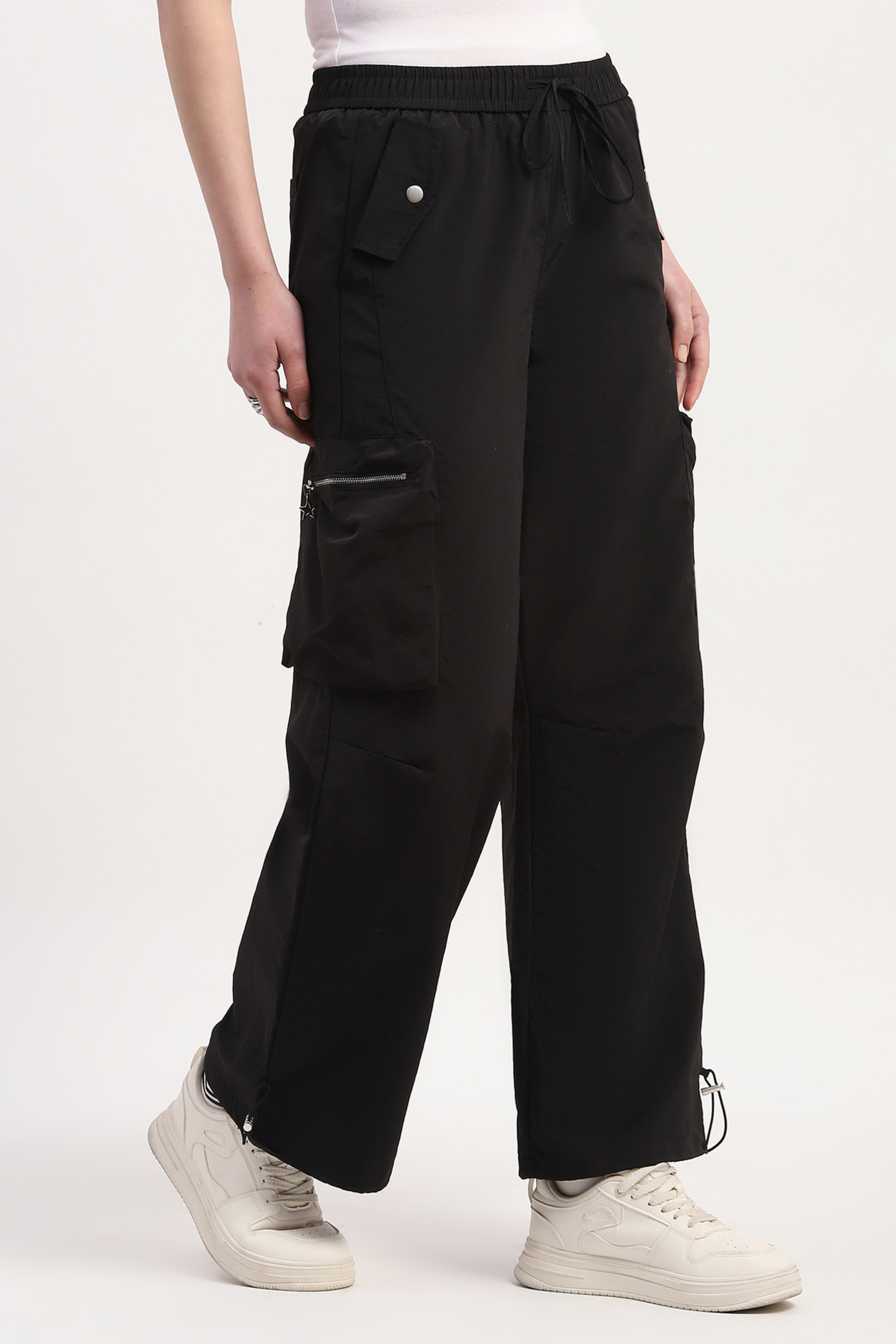 Black Polyester Solid Trouser