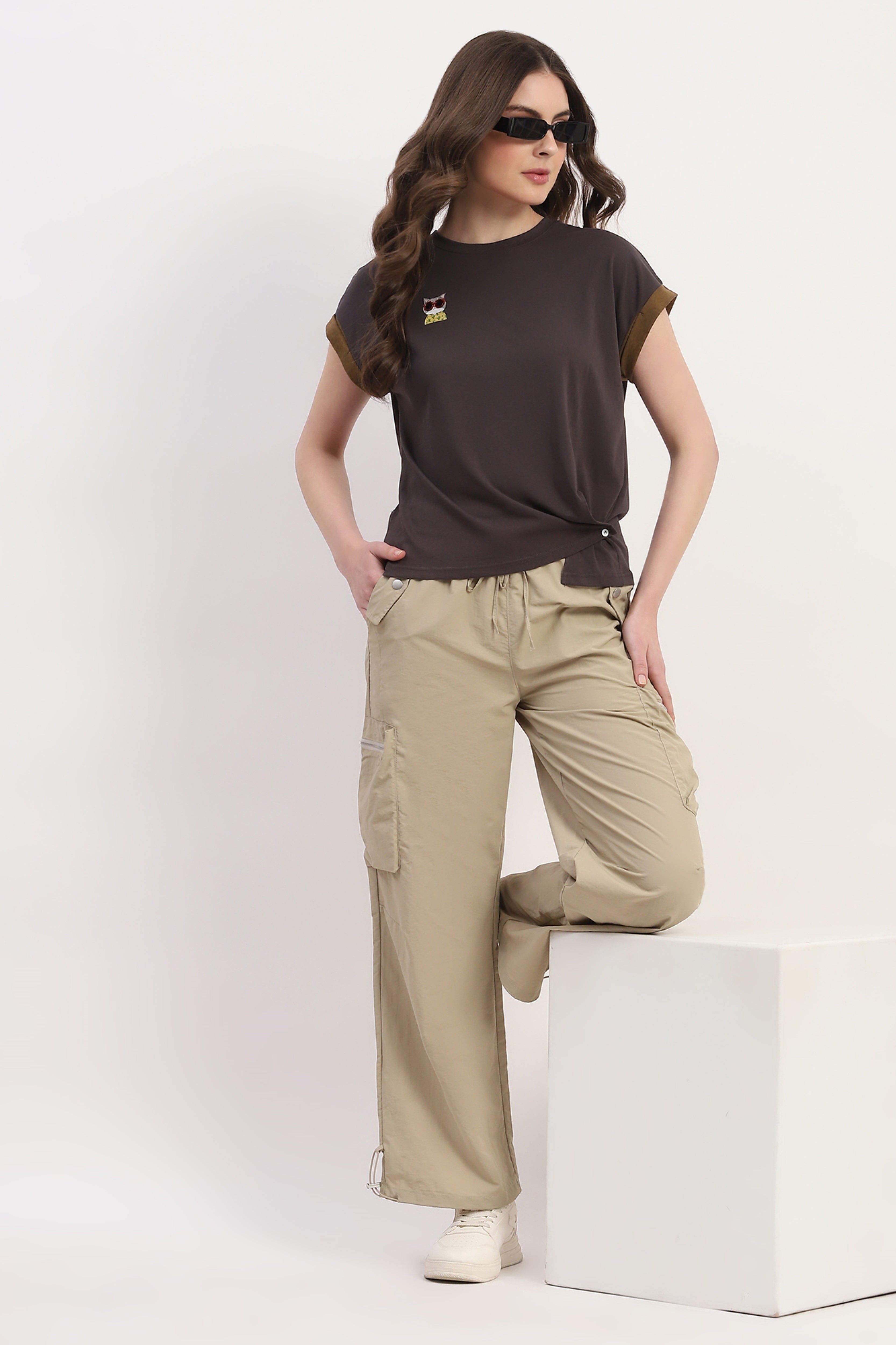 Beige Polyester Solid Trouser