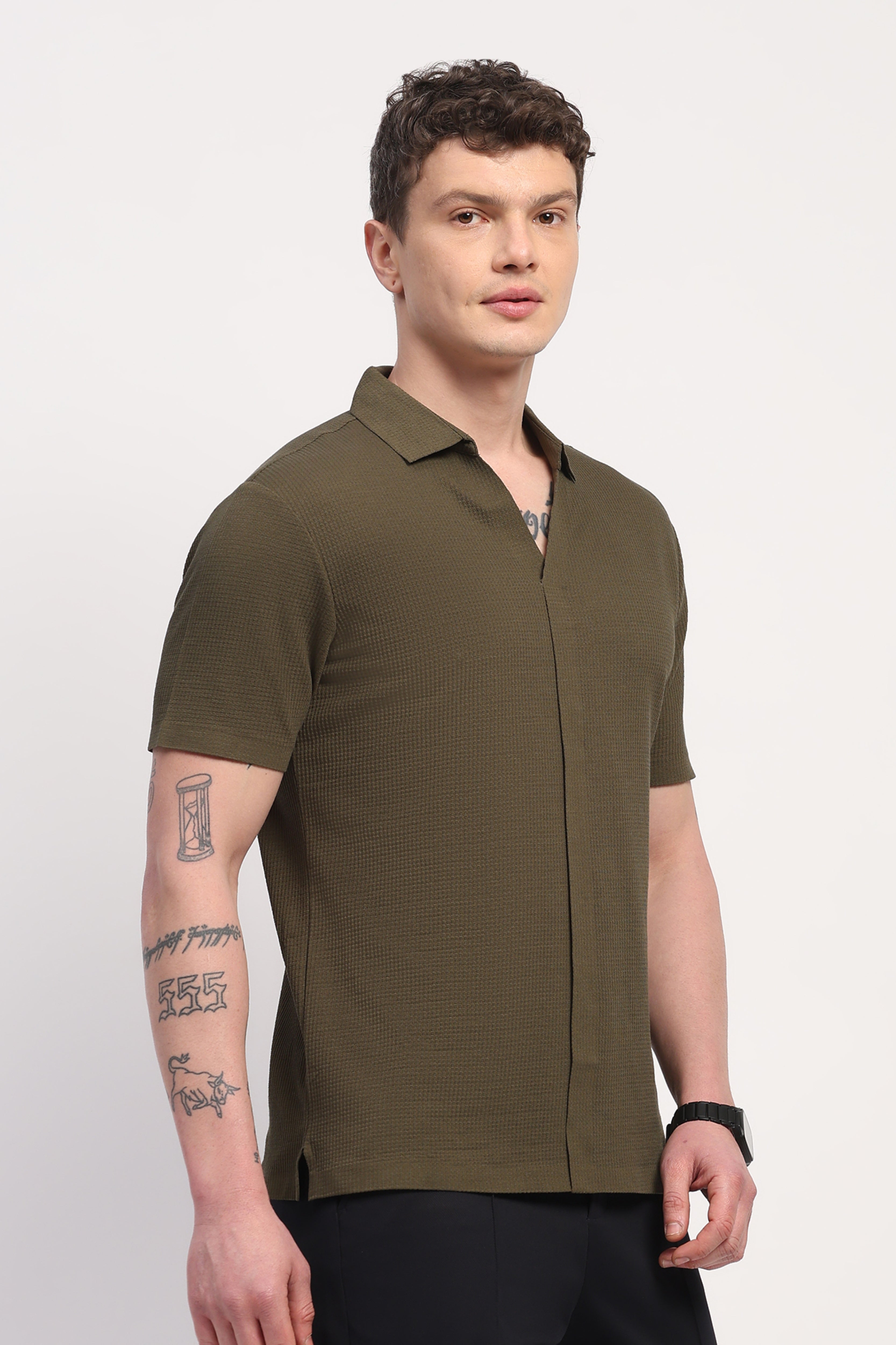 Olive Viscose Blend Self Design T-Shirt