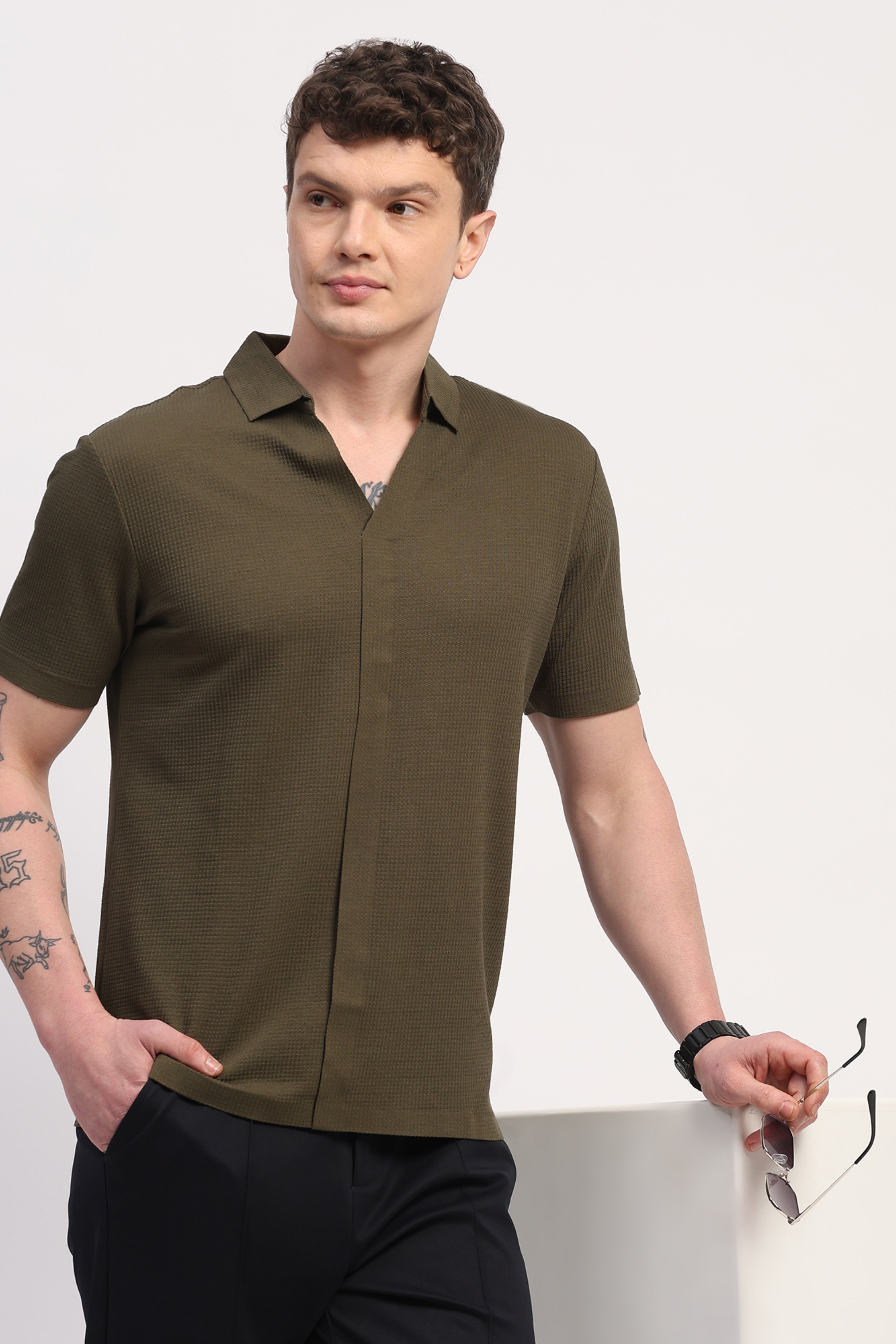 Olive Viscose Blend Self Design T-Shirt