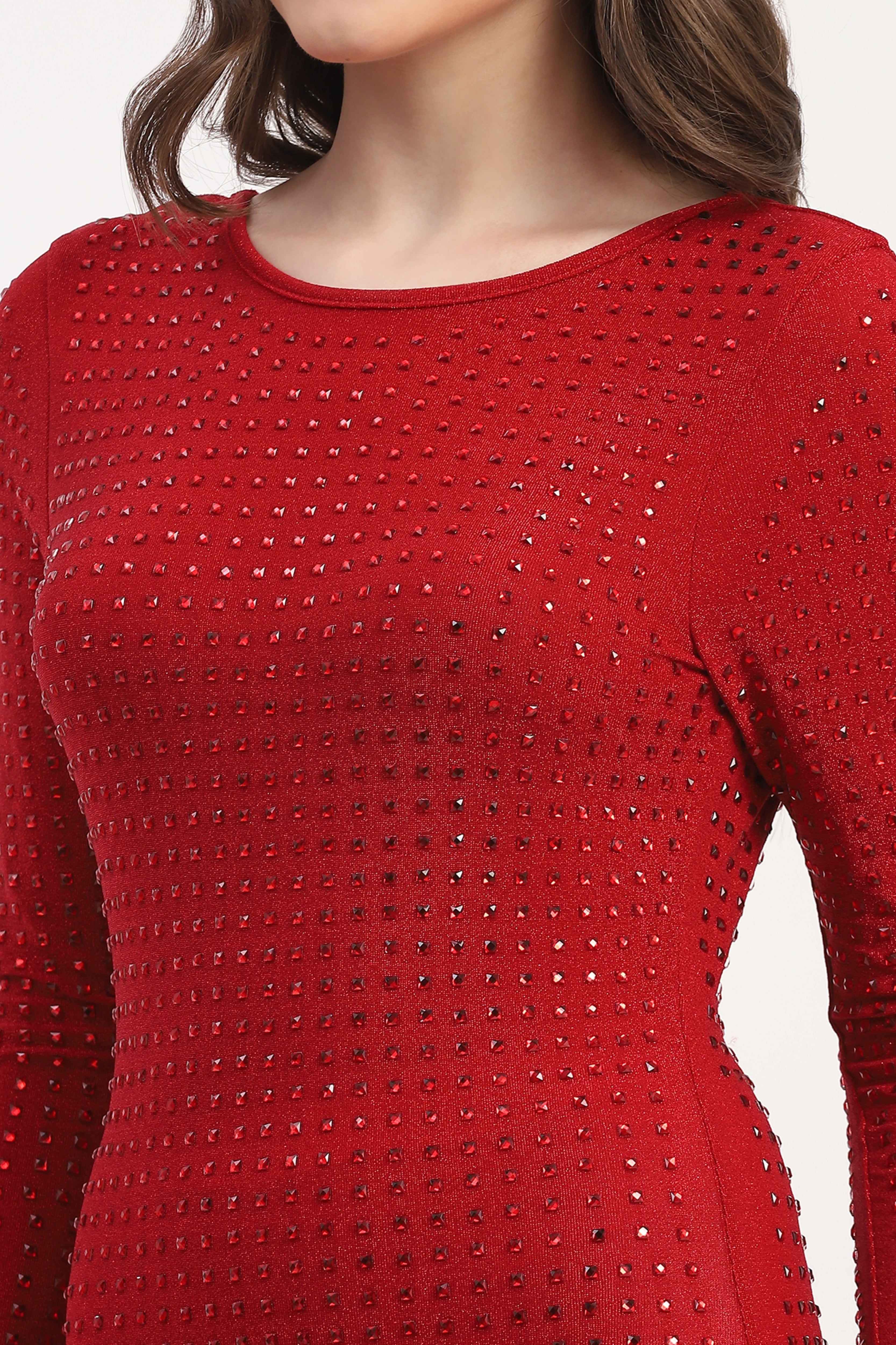 Red Polyester Blend Embellished Dress